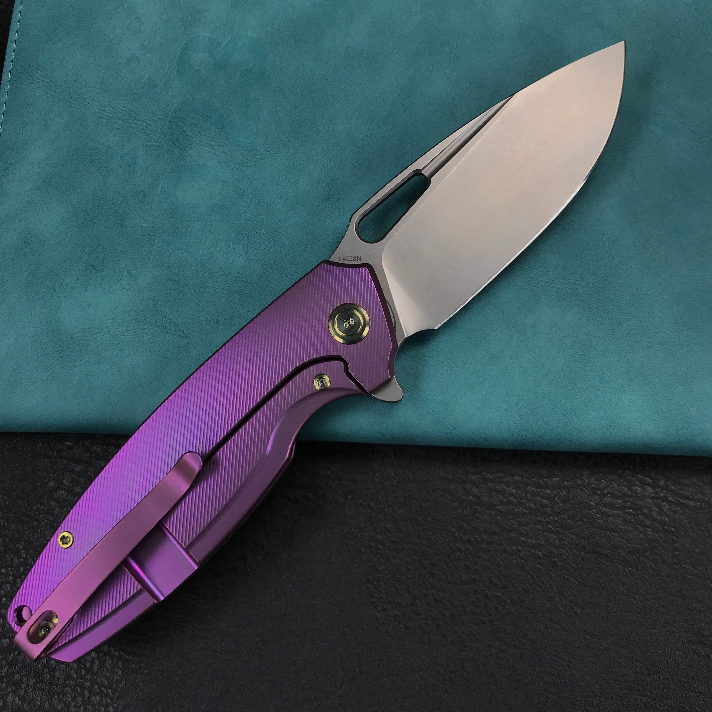 KUBEY KB360C Tityus Frame Lock Flipper Folding Knife  Purple 6AL4V Titanium Handle  3.39" Blasted Stonewashed 14C28N