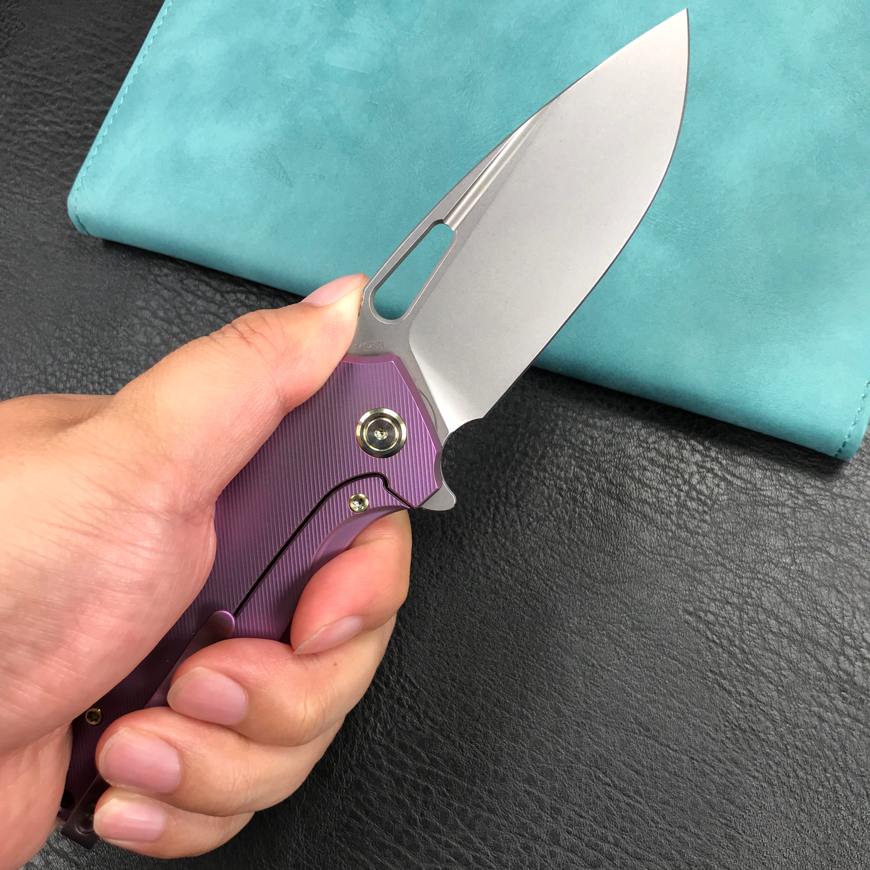 KUBEY KB360C Tityus Frame Lock Flipper Folding Knife  Purple 6AL4V Titanium Handle  3.39" Blasted Stonewashed 14C28N