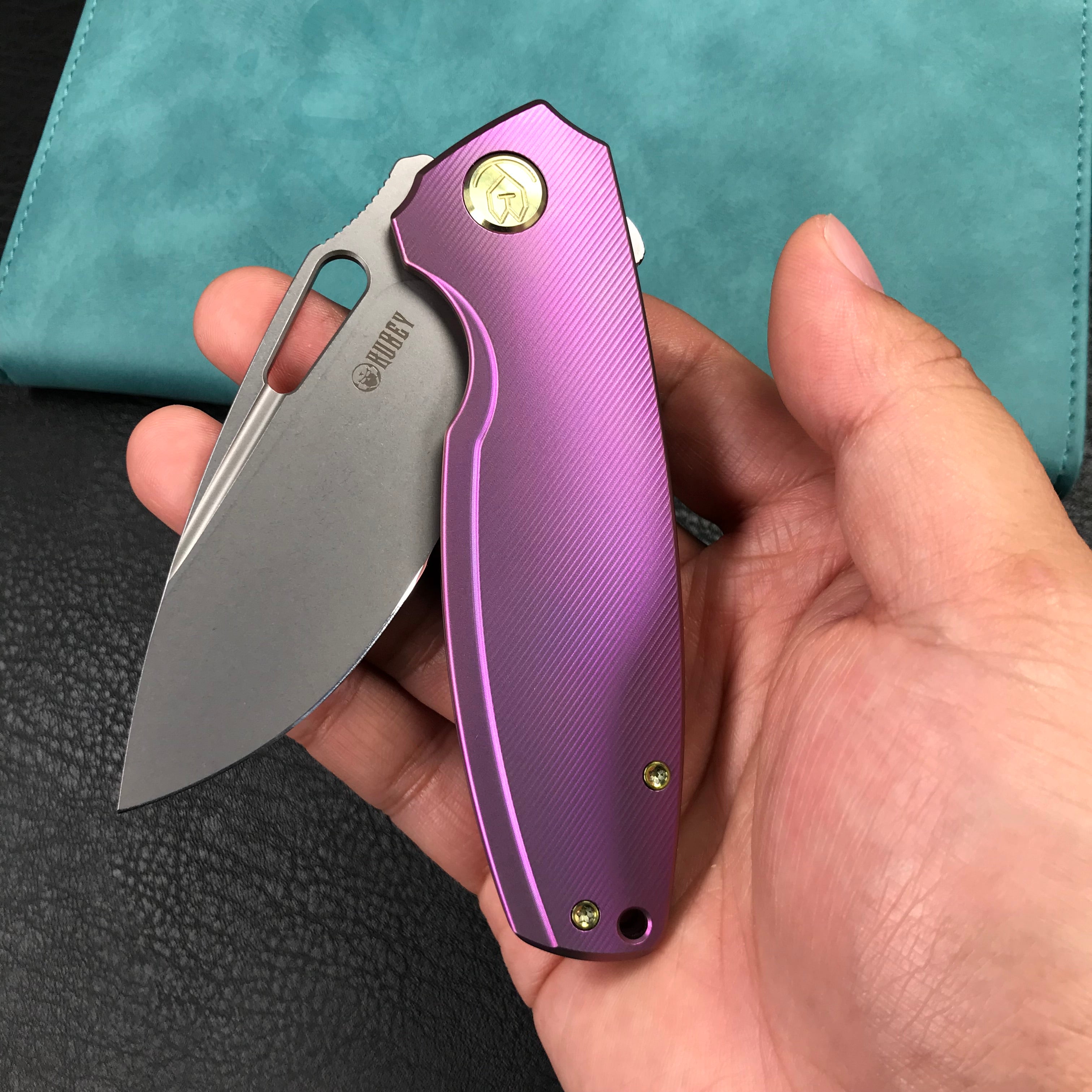 KUBEY KB360C Tityus Frame Lock Flipper Folding Knife  Purple 6AL4V Titanium Handle  3.39" Blasted Stonewashed 14C28N