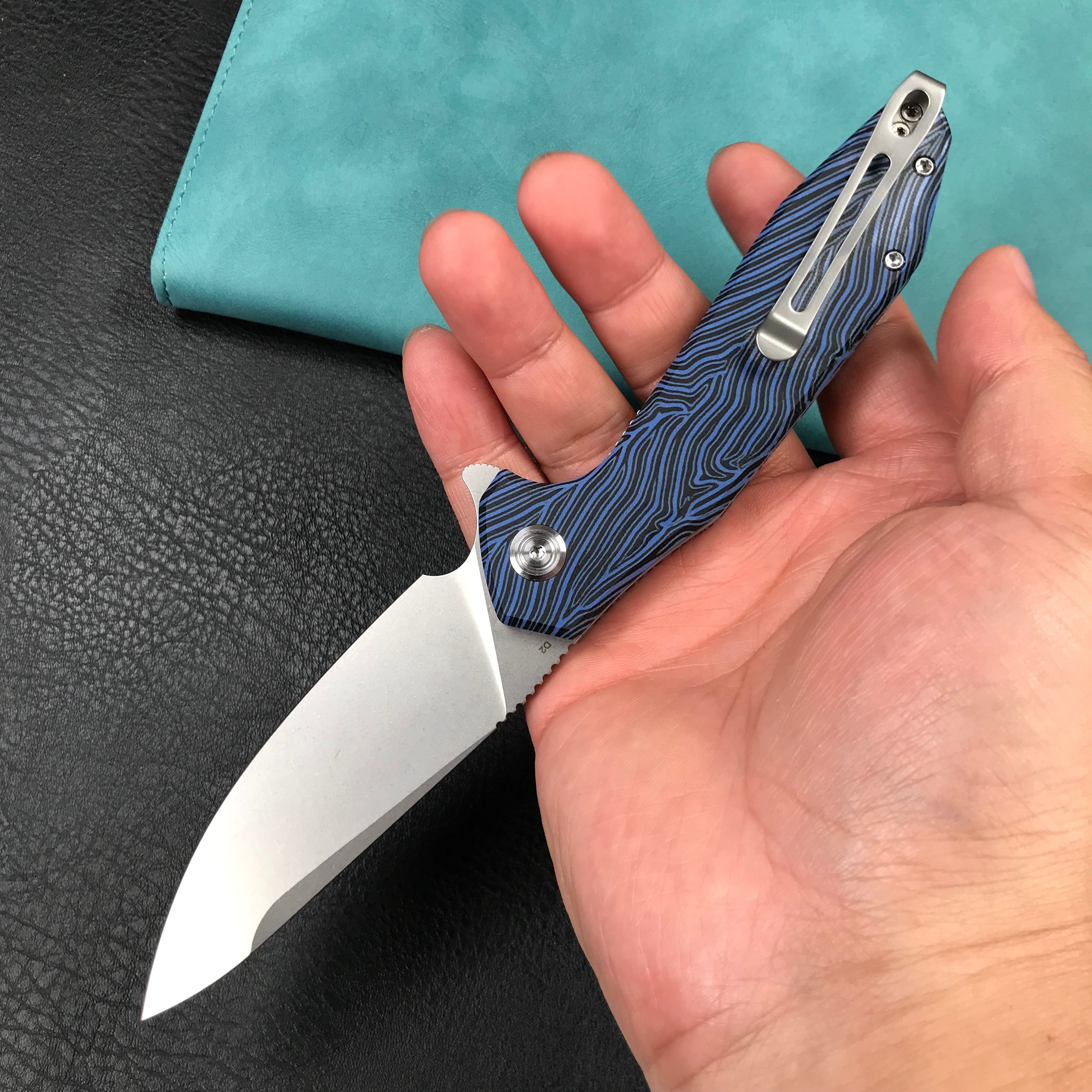 KUBEY KU117J Nova Liner Lock Flipper Folding Pocket Knife blue&black Damascus G10 Handle Beadblasted D2