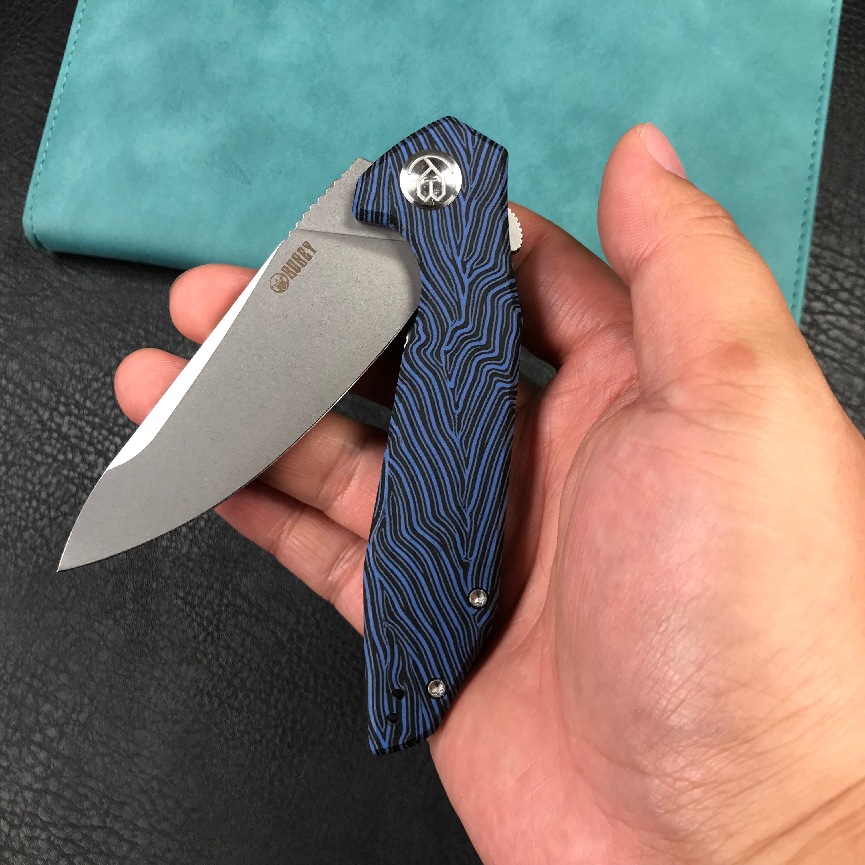 KUBEY KU117J Nova Liner Lock Flipper Folding Pocket Knife blue&black Damascus G10 Handle Beadblasted D2