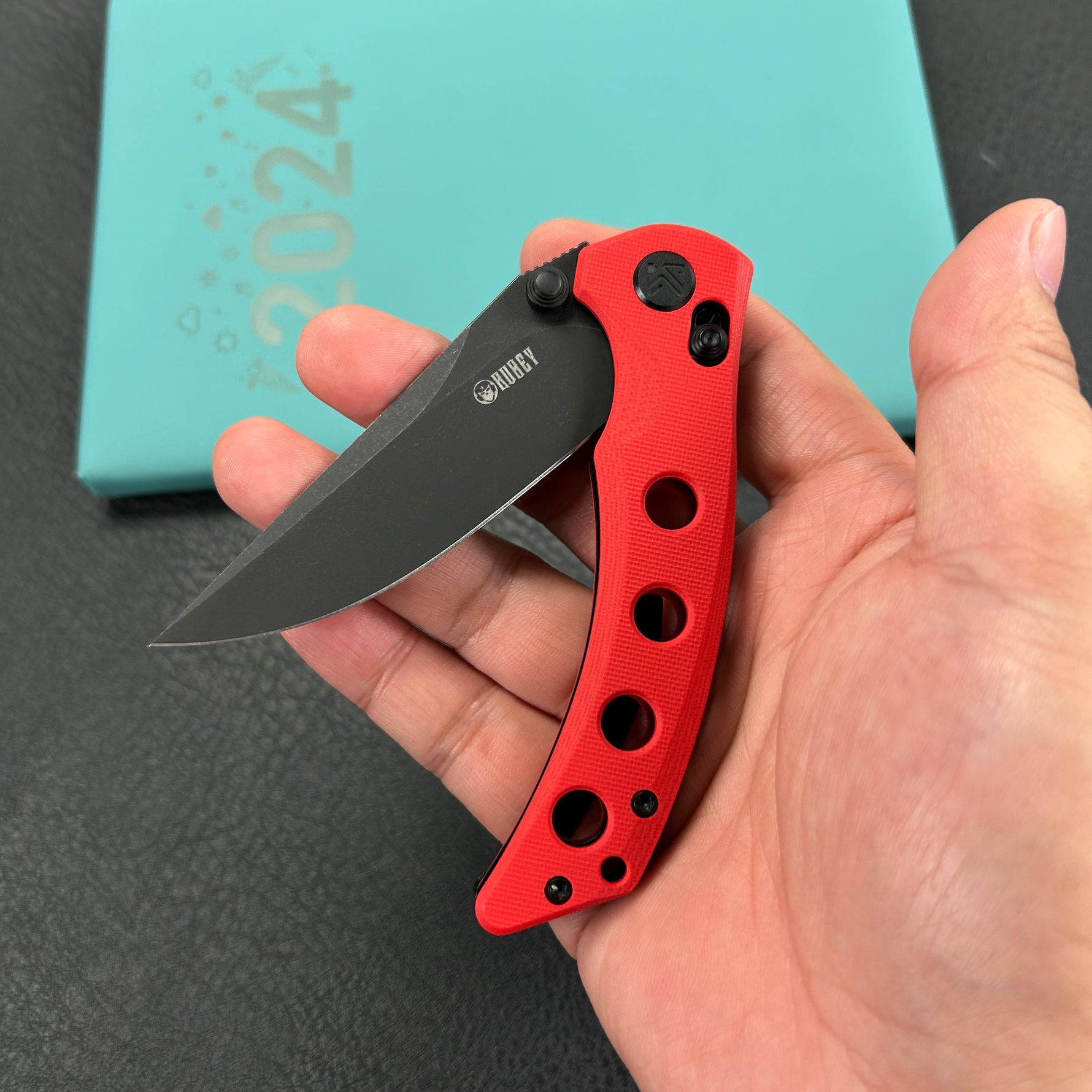 KUBEY KU172E Hound Crossbar Lock Folding Pocket Knife Red G-10 Handle 3.43" Blackwash 14C28N Blade