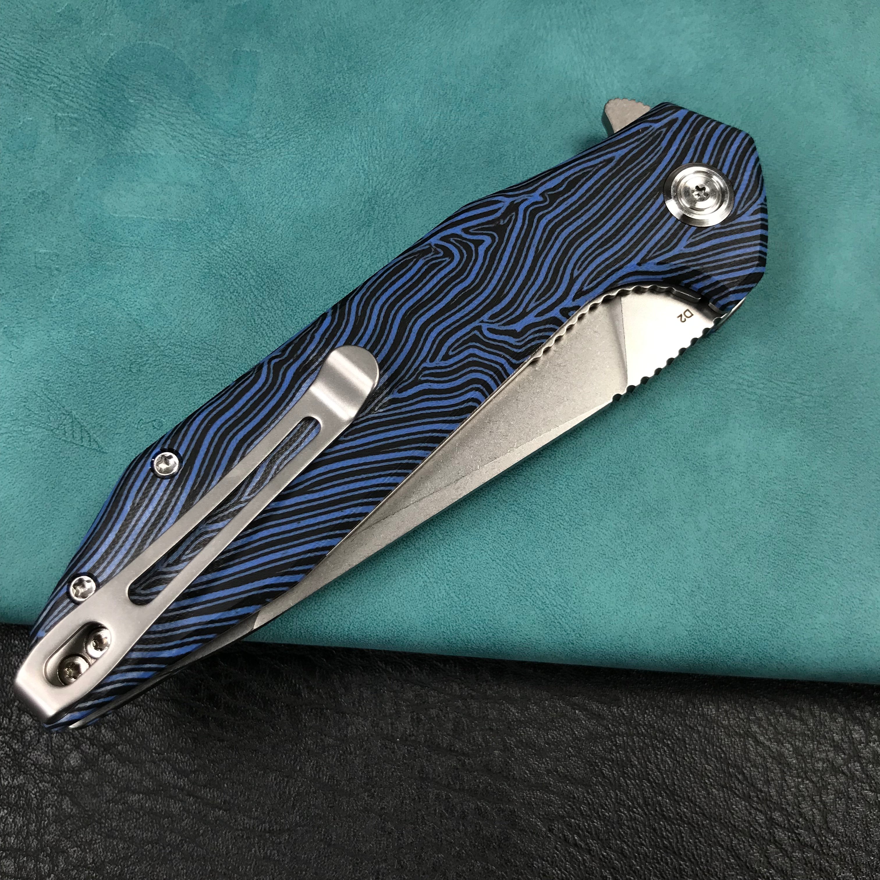 KUBEY KU117J Nova Liner Lock Flipper Folding Pocket Knife blue&black Damascus G10 Handle Beadblasted D2