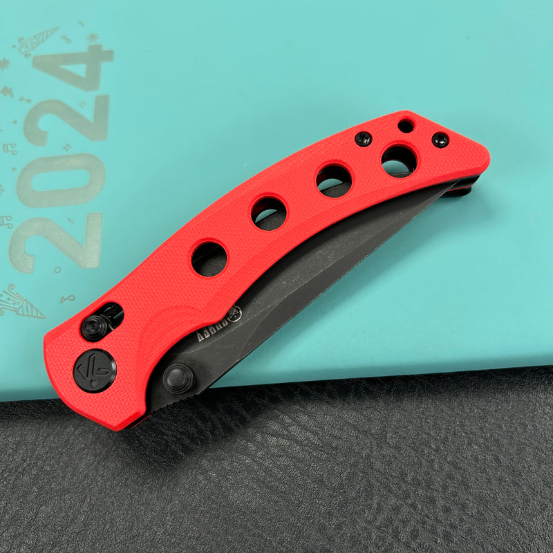 KUBEY KU172E Hound Crossbar Lock Folding Pocket Knife Red G-10 Handle 3.43" Blackwash 14C28N Blade