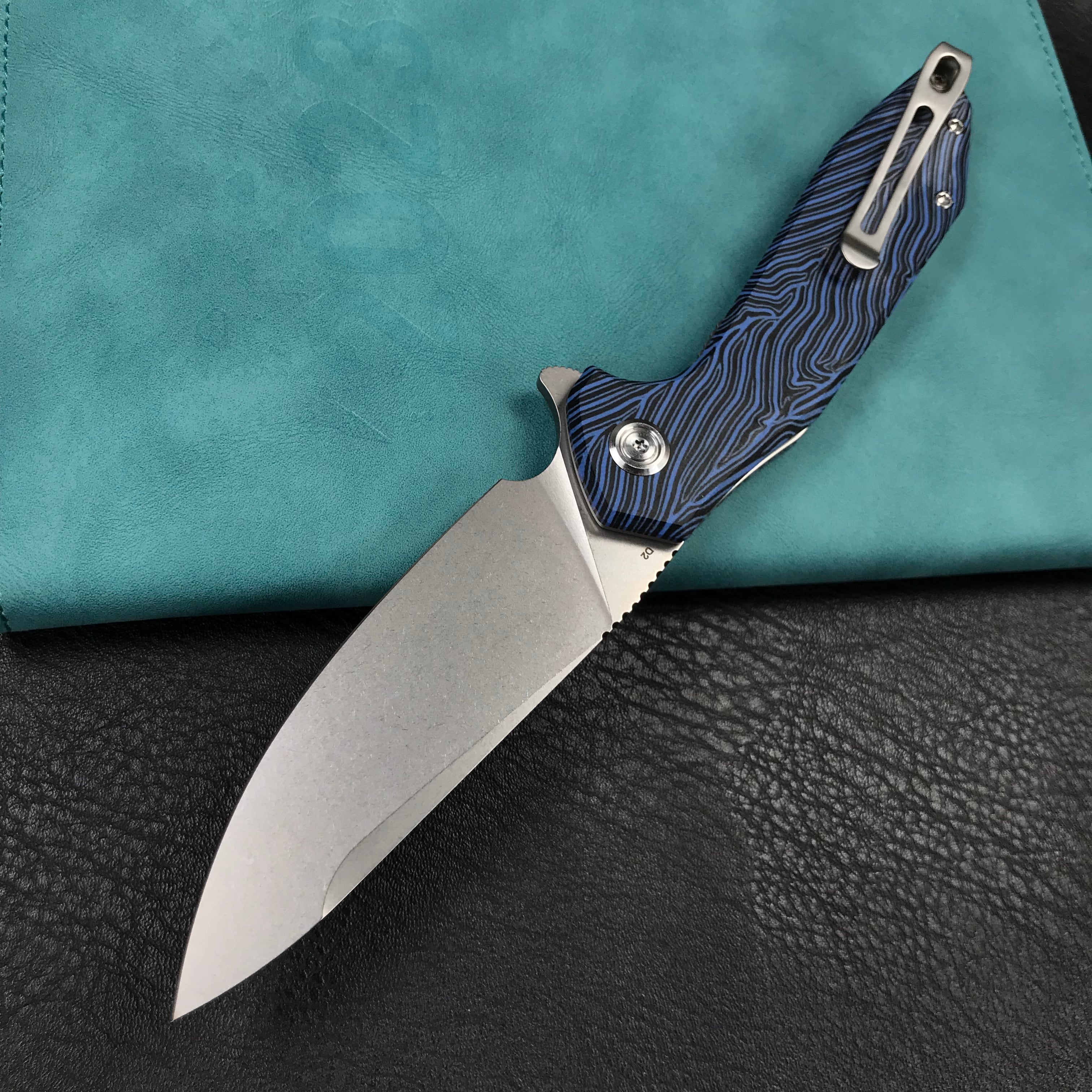 KUBEY KU117J Nova Liner Lock Flipper Folding Pocket Knife blue&black Damascus G10 Handle Beadblasted D2