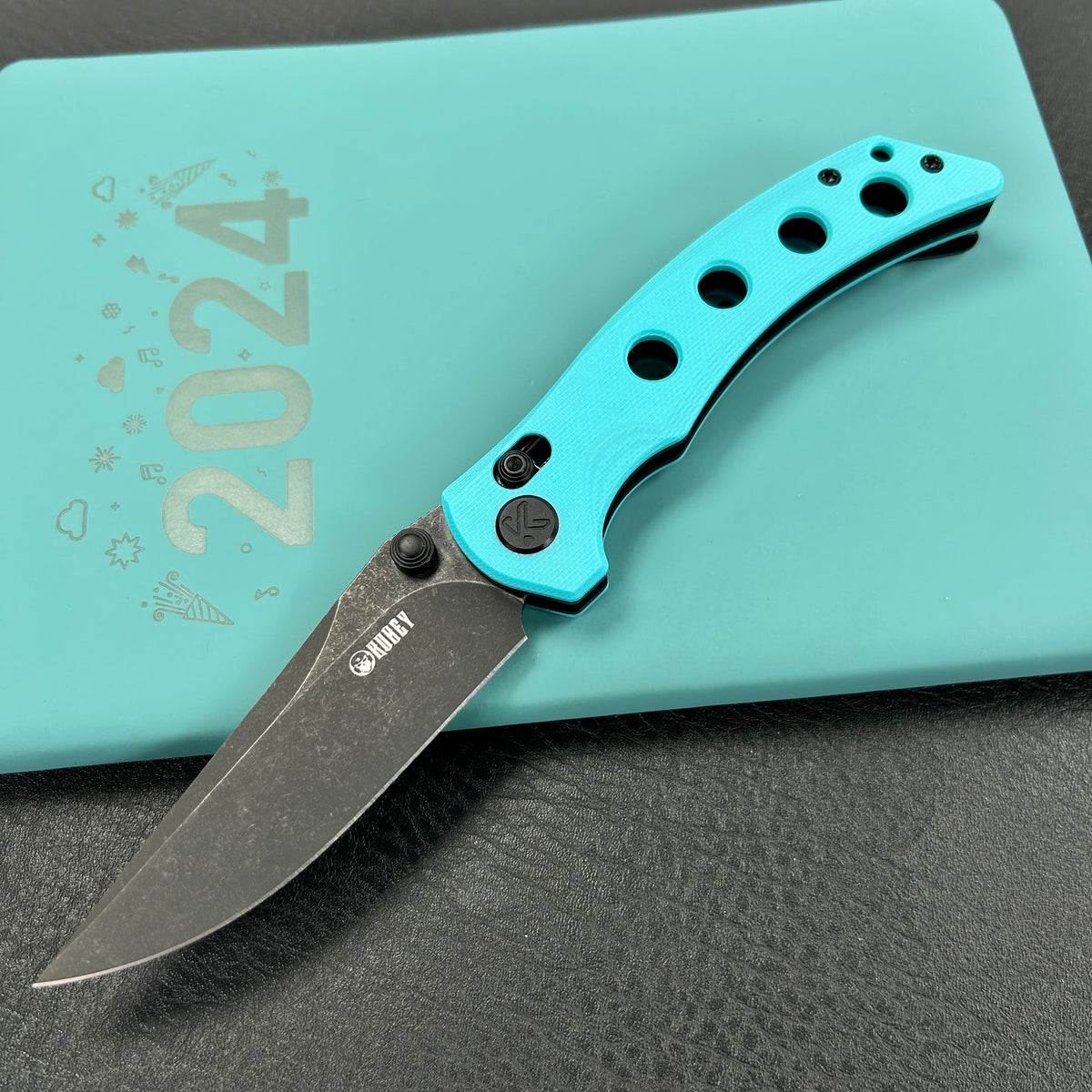 KUBEY KU172D Hound Crossbar Lock Folding Pocket Knife Tiffany Blue G-10 Handle 3.43" Blackwash 14C28N Blade