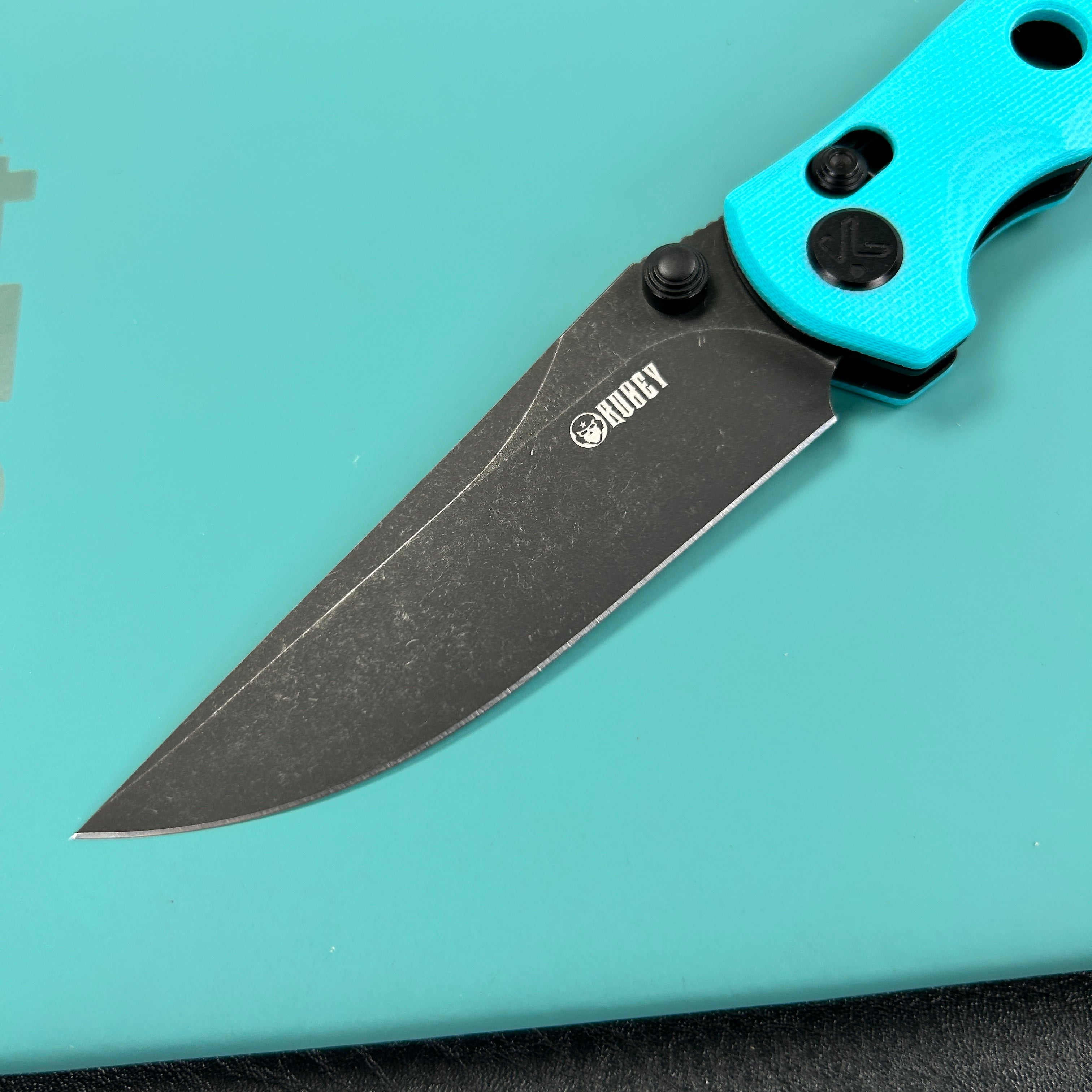 KUBEY KU172D Hound Crossbar Lock Folding Pocket Knife Tiffany Blue G-10 Handle 3.43" Blackwash 14C28N Blade