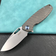 KUBEY KB360E Tityus Frame Lock Flipper Folding Knife Tiger Stripe Pattern Flamed 6AL4V Titanium Handle  3.39" Blasted Stonewashed 14C28N