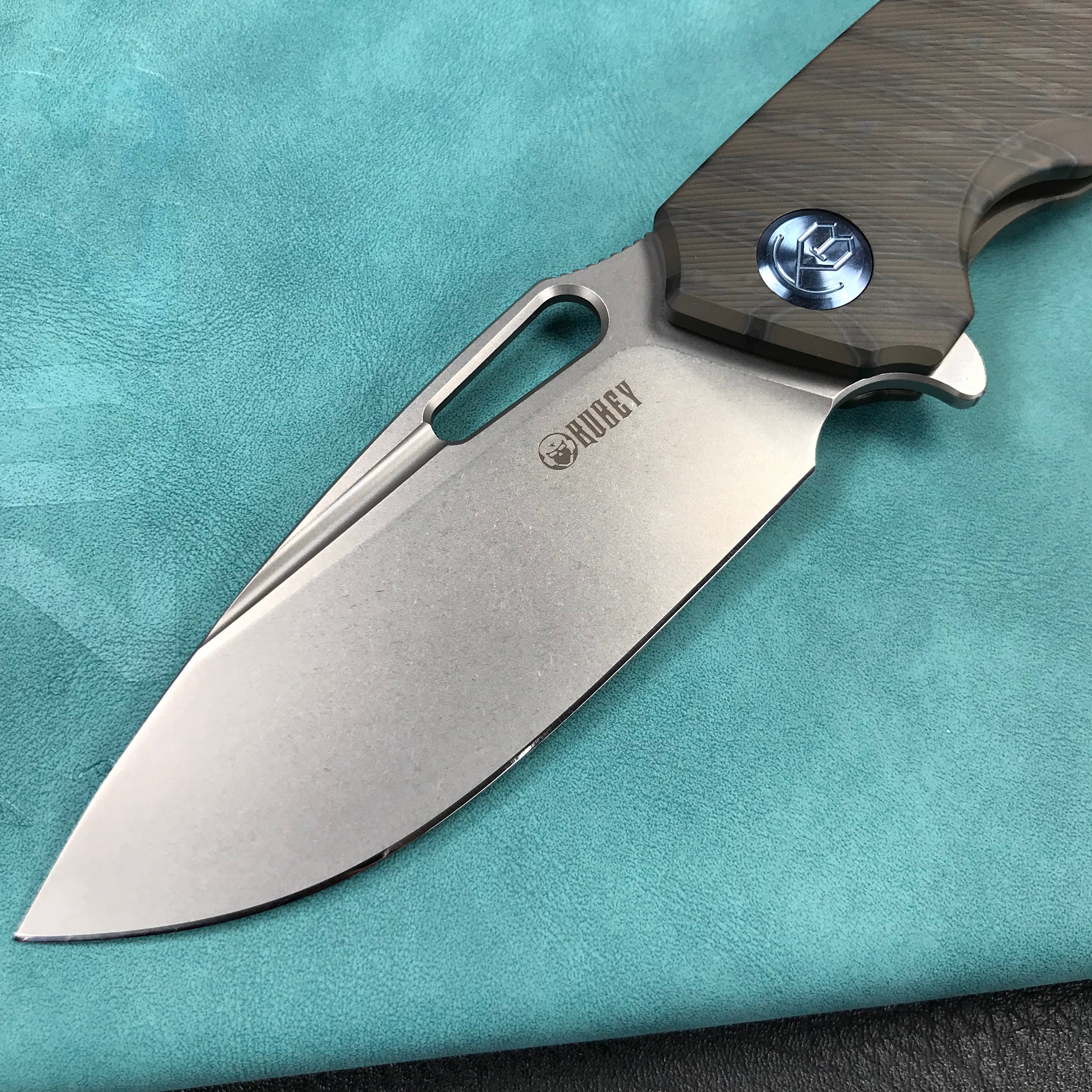 KUBEY KB360E Tityus Frame Lock Flipper Folding Knife Tiger Stripe Pattern Flamed 6AL4V Titanium Handle  3.39" Blasted Stonewashed 14C28N