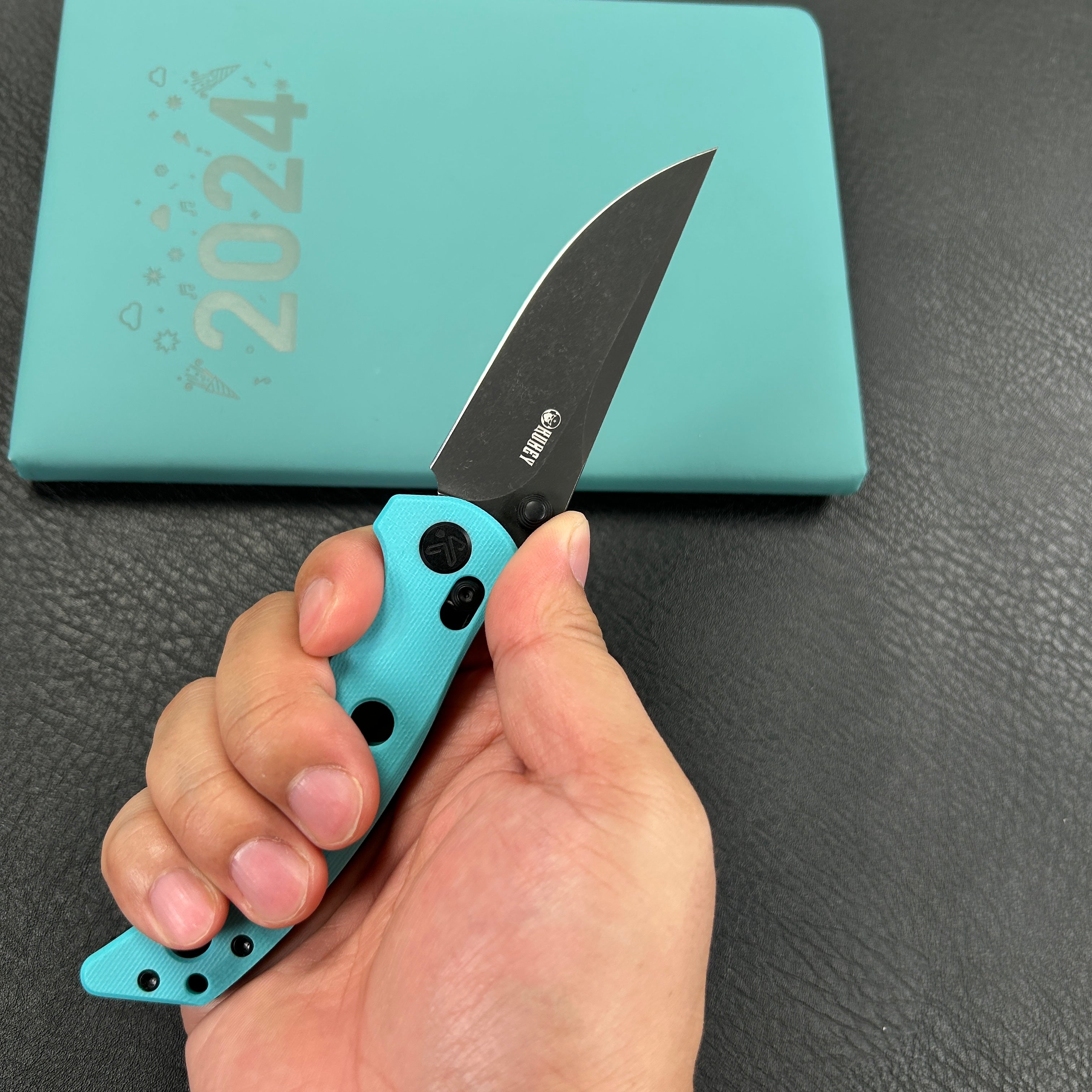 KUBEY KU172D Hound Crossbar Lock Folding Pocket Knife Tiffany Blue G-10 Handle 3.43" Blackwash 14C28N Blade