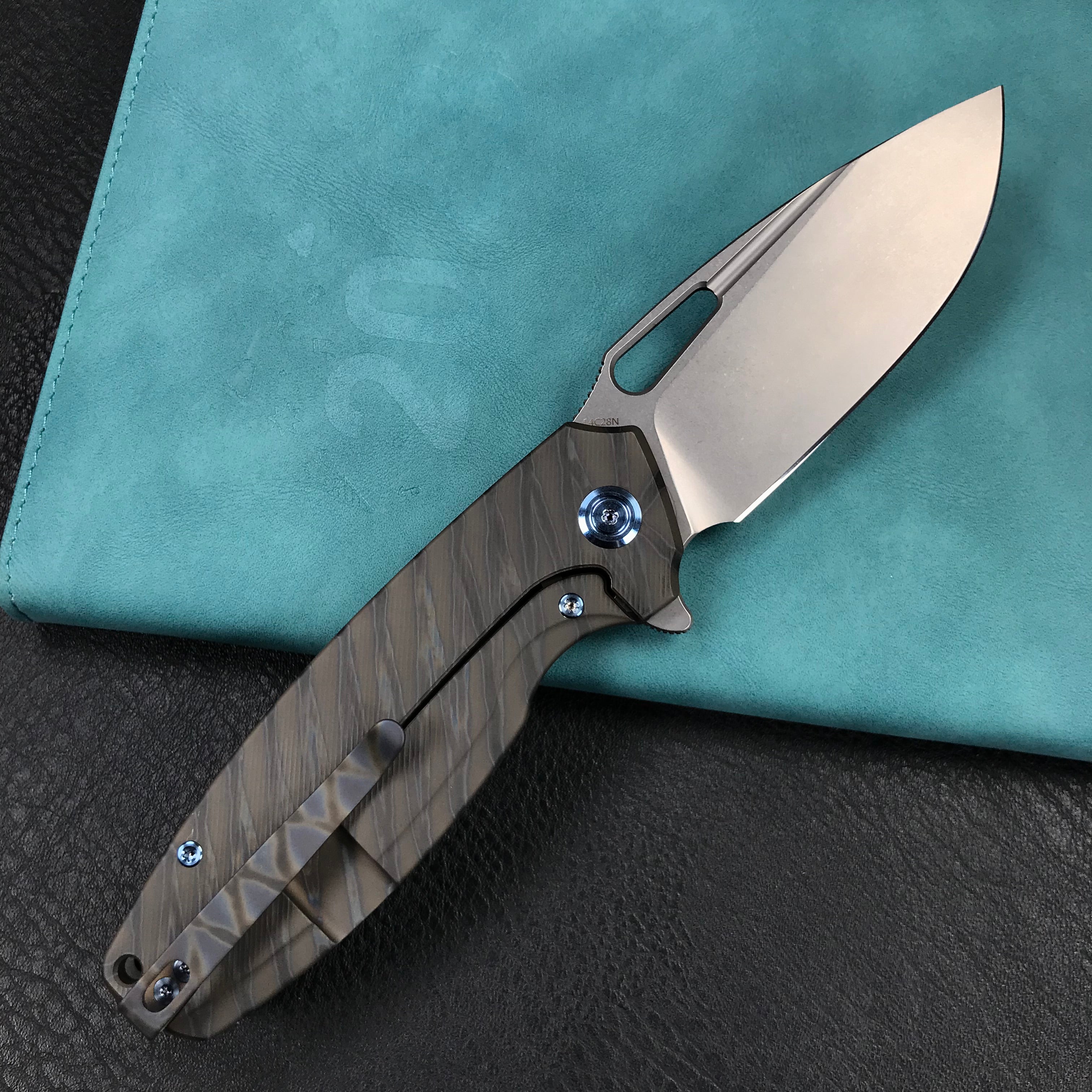 KUBEY KB360E Tityus Frame Lock Flipper Folding Knife Tiger Stripe Pattern Flamed 6AL4V Titanium Handle  3.39" Blasted Stonewashed 14C28N