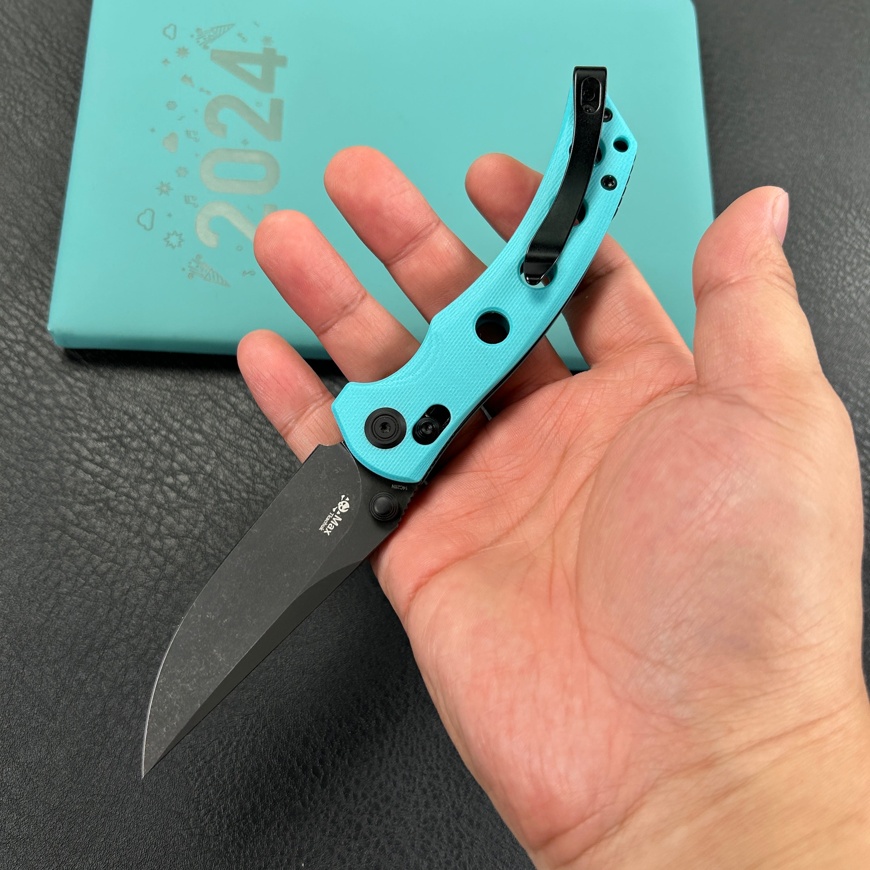 KUBEY KU172D Hound Crossbar Lock Folding Pocket Knife Tiffany Blue G-10 Handle 3.43" Blackwash 14C28N Blade