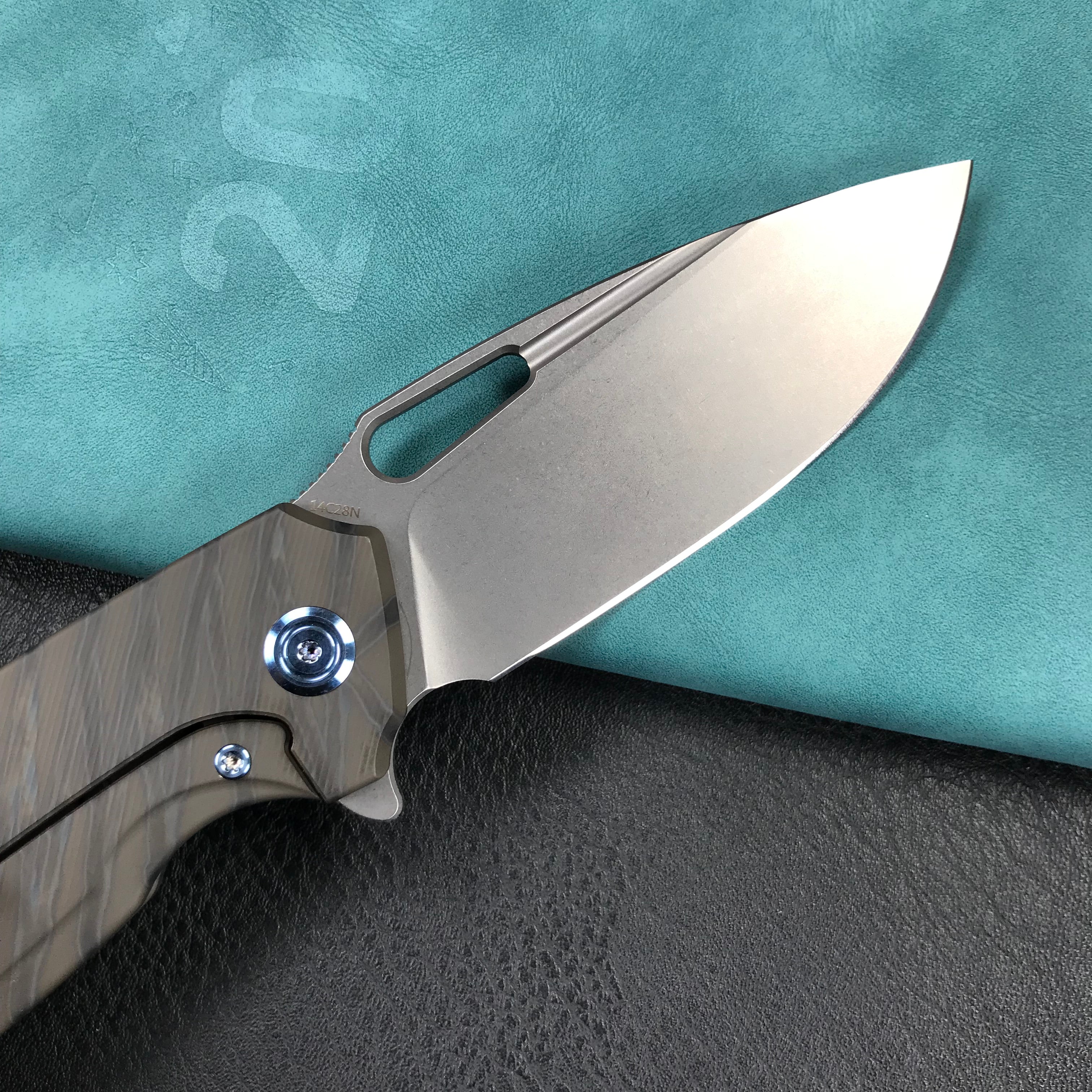 KUBEY KB360E Tityus Frame Lock Flipper Folding Knife Tiger Stripe Pattern Flamed 6AL4V Titanium Handle  3.39" Blasted Stonewashed 14C28N