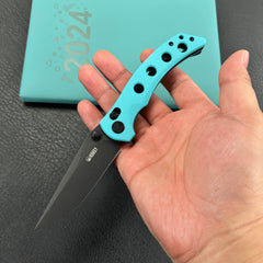 KUBEY KU172D Hound Crossbar Lock Folding Pocket Knife Tiffany Blue G-10 Handle 3.43" Blackwash 14C28N Blade