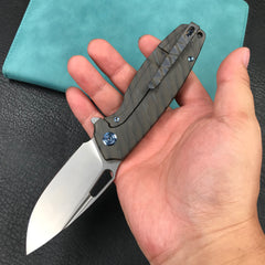 KUBEY KB360E Tityus Frame Lock Flipper Folding Knife Tiger Stripe Pattern Flamed 6AL4V Titanium Handle  3.39" Blasted Stonewashed 14C28N