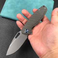 KUBEY KB360E Tityus Frame Lock Flipper Folding Knife Tiger Stripe Pattern Flamed 6AL4V Titanium Handle  3.39" Blasted Stonewashed 14C28N