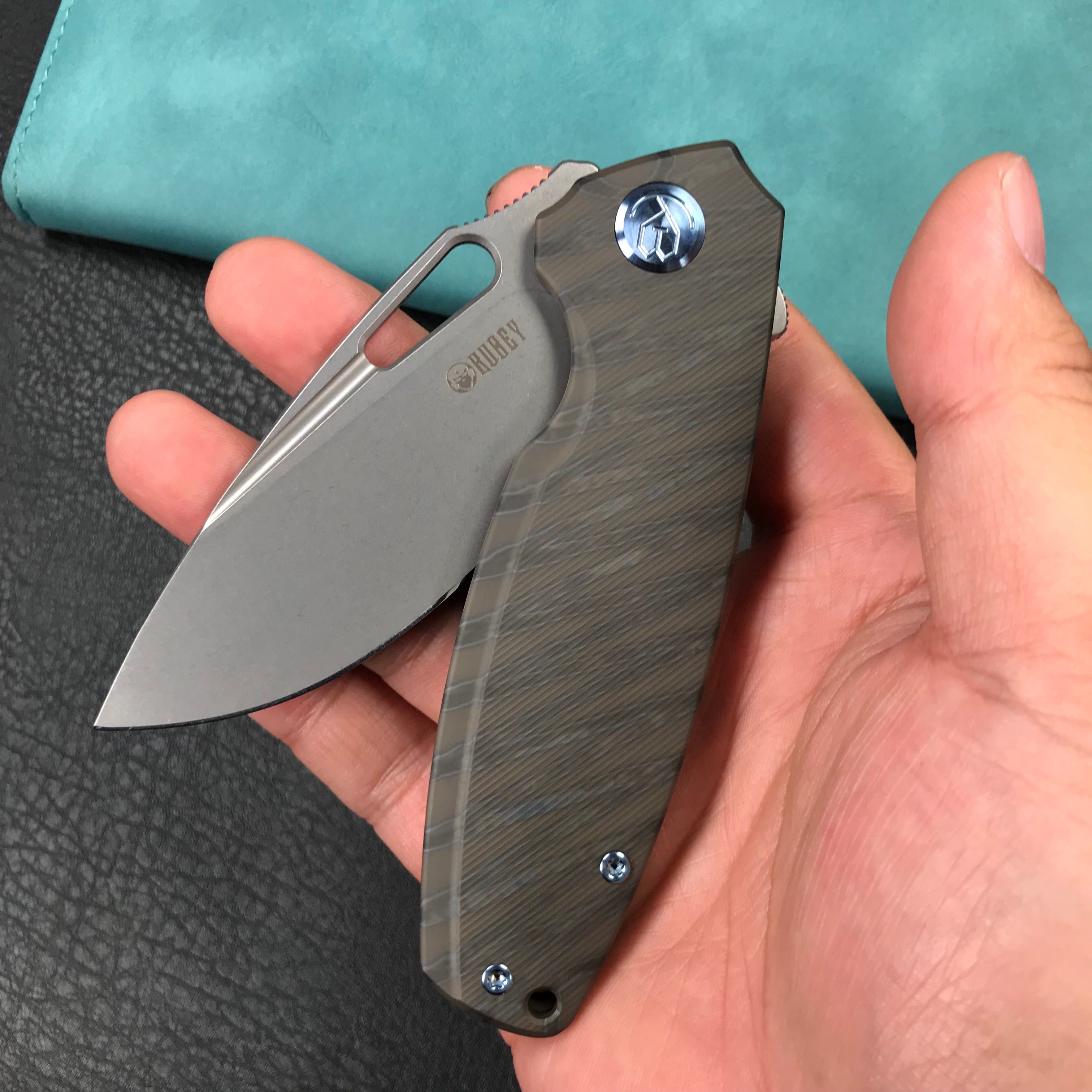 KUBEY KB360E Tityus Frame Lock Flipper Folding Knife Tiger Stripe Pattern Flamed 6AL4V Titanium Handle  3.39" Blasted Stonewashed 14C28N