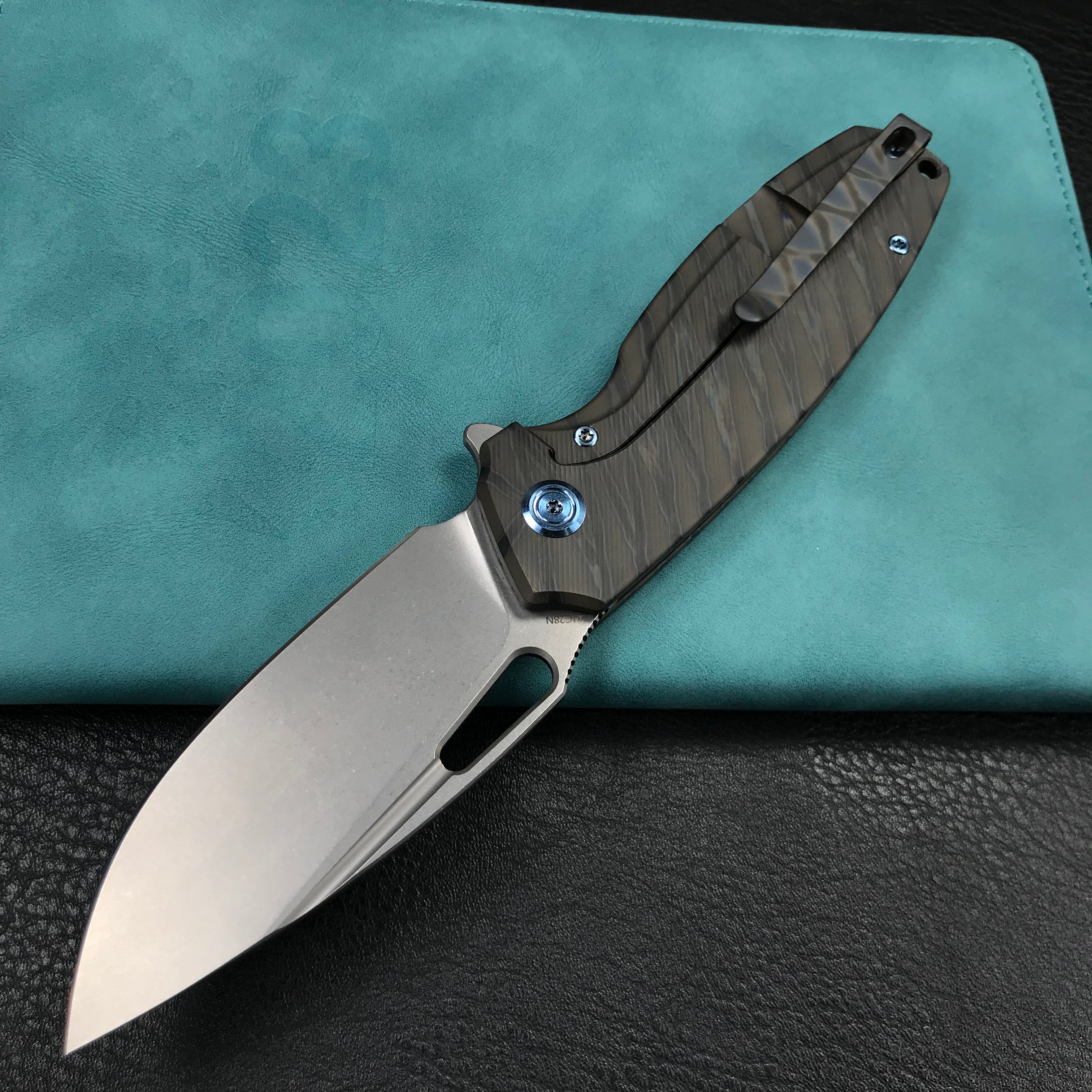 KUBEY KB360E Tityus Frame Lock Flipper Folding Knife Tiger Stripe Pattern Flamed 6AL4V Titanium Handle  3.39" Blasted Stonewashed 14C28N