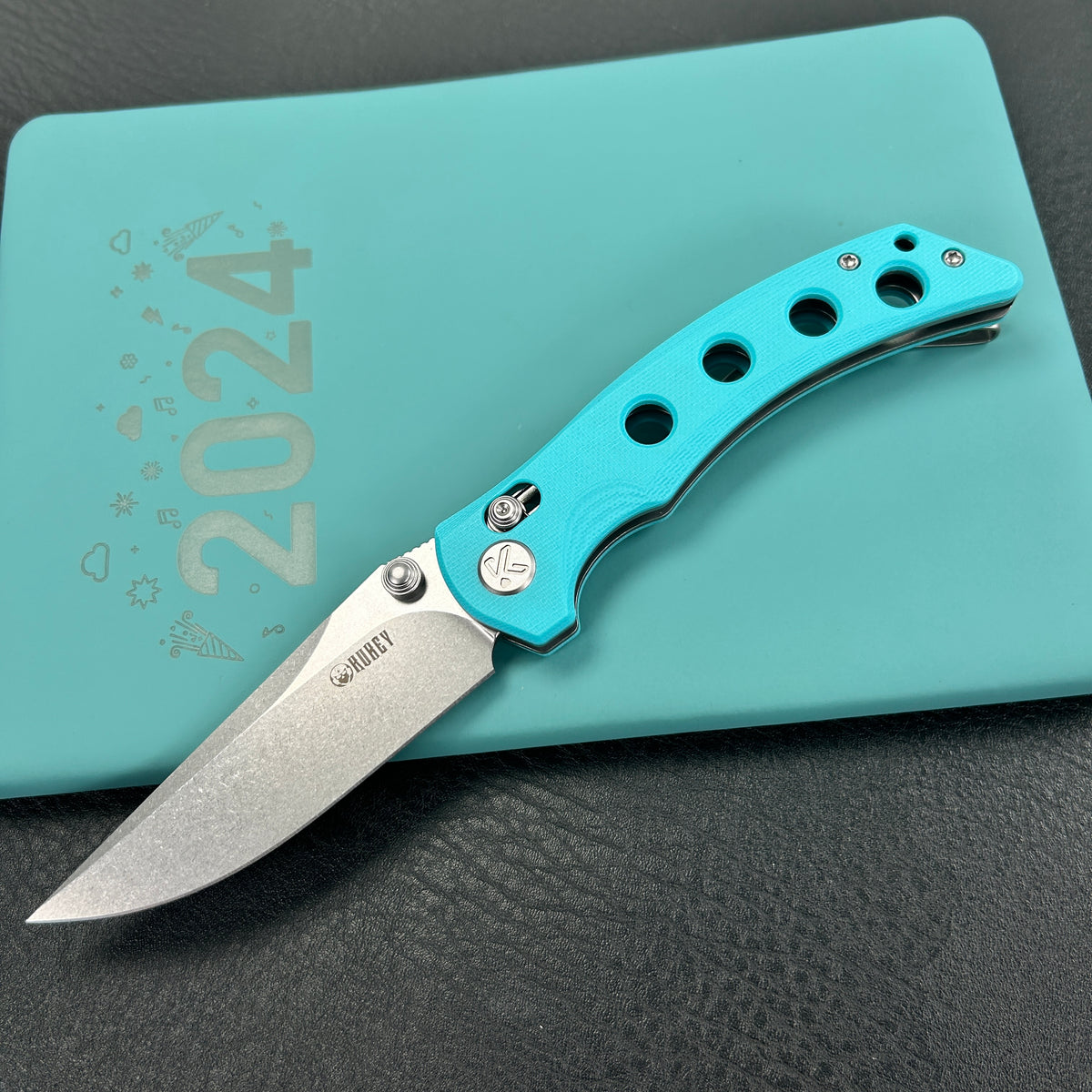 KUBEY KU172C  Hound Crossbar Lock Folding Pocket Knife Tiffany Blue G-10 Handle 3.43" Stonewash 14C28N Blade