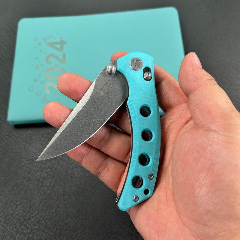 KUBEY KU172C  Hound Crossbar Lock Folding Pocket Knife Tiffany Blue G-10 Handle 3.43" Stonewash 14C28N Blade