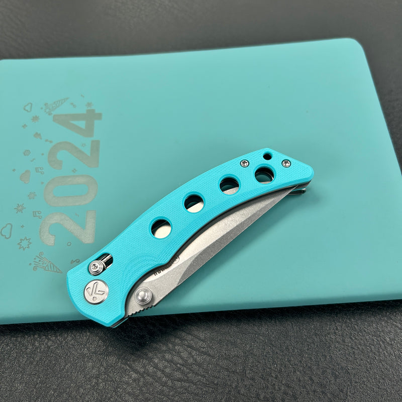 KUBEY KU172C  Hound Crossbar Lock Folding Pocket Knife Tiffany Blue G-10 Handle 3.43" Stonewash 14C28N Blade