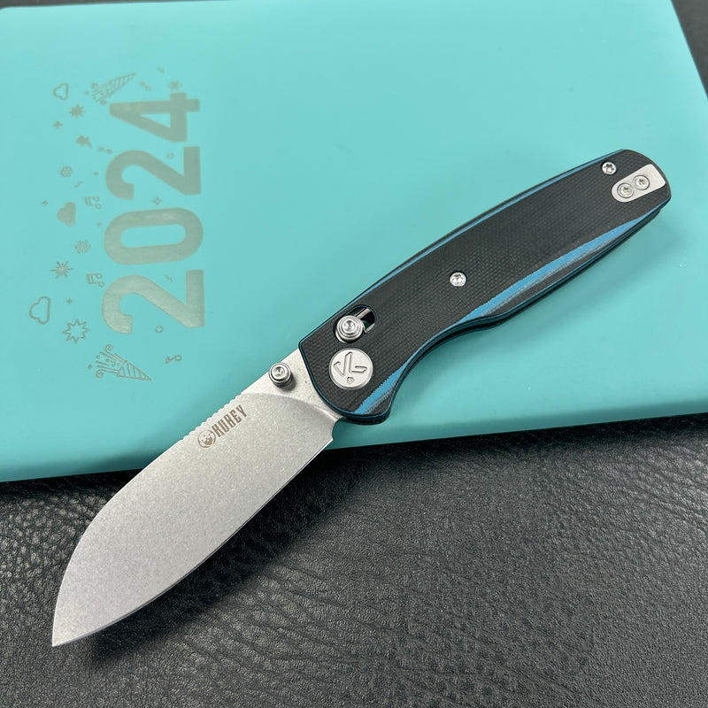 KUBEY KU288D Breeze Every Carry Pocket Knife Crossbar Lock Black Blue G10 Handle 3.03" Stonewash 14C28N Blade