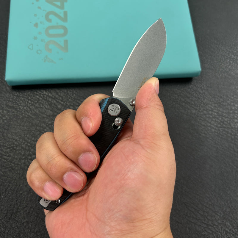 KUBEY KU288D Breeze Every Carry Pocket Knife Crossbar Lock Black Blue G10 Handle 3.03" Stonewash 14C28N Blade