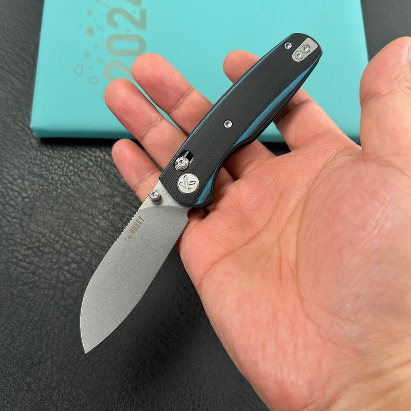 KUBEY KU288D Breeze Every Carry Pocket Knife Crossbar Lock Black Blue G10 Handle 3.03" Stonewash 14C28N Blade