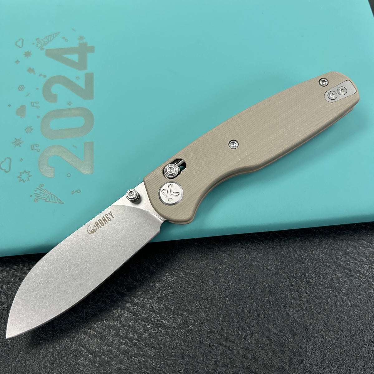 KUBEY KU288C Breeze Every Carry Pocket Knife Crossbar Lock Tan G10 Handle 3.03" Stonewash 14C28N Blade