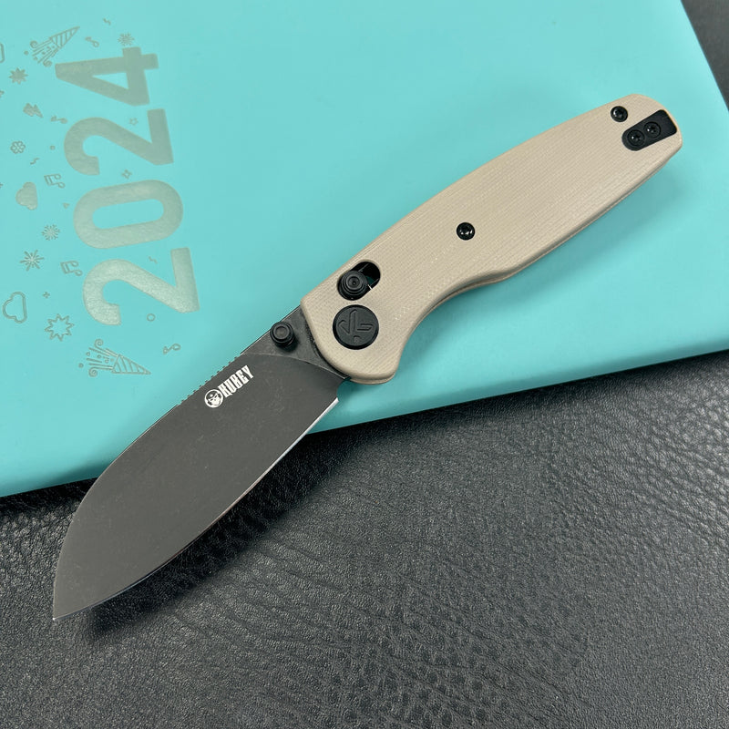 KUBEY KU288G Breeze Every Carry Pocket Knife Crossbar Lock Tan G10 Handle 3.03" Blackwash 14C28N Blade