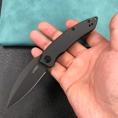 KUBEY KU333G Leaf Liner Lock Front Flipper Folding Knife Black G10 Handle 2.99" Black Stonewashed AUS-10