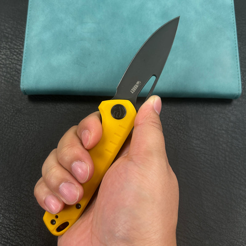KUBEY KU324G Doris Liner Lock Front Flipper Folding Knife Yellow G10 Handle 3.27" Blackwash Finish 14C28N