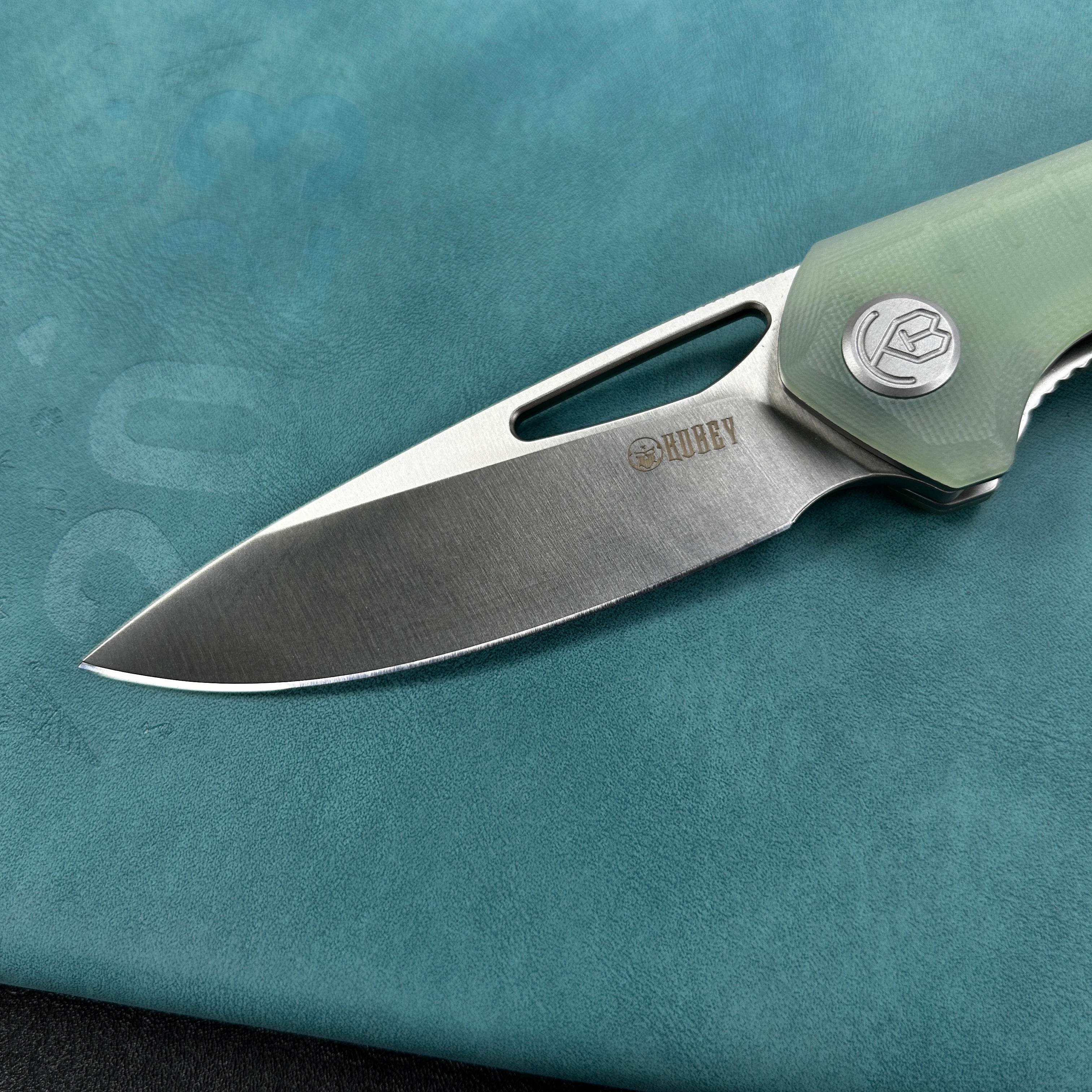 KUBEY KU324F Doris Liner Lock Front Flipper Folding Knife Jade G10 Handle 3.27" Satin Finish 14C28N