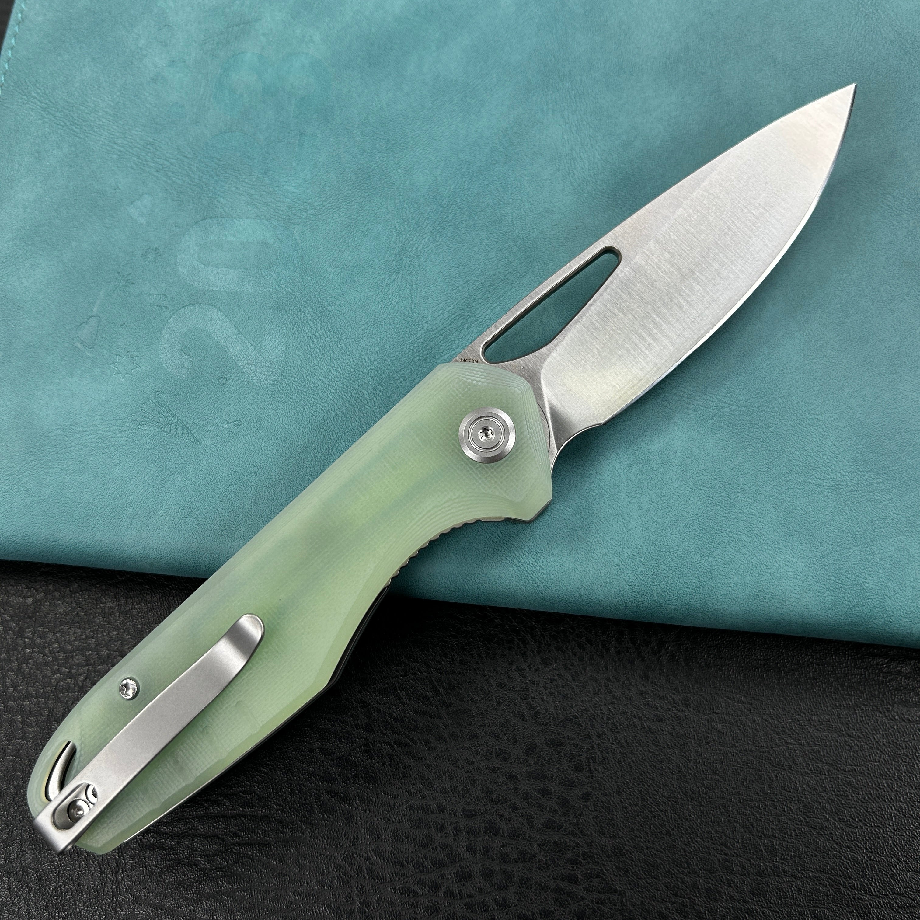 KUBEY KU324F Doris Liner Lock Front Flipper Folding Knife Jade G10 Handle 3.27" Satin Finish 14C28N