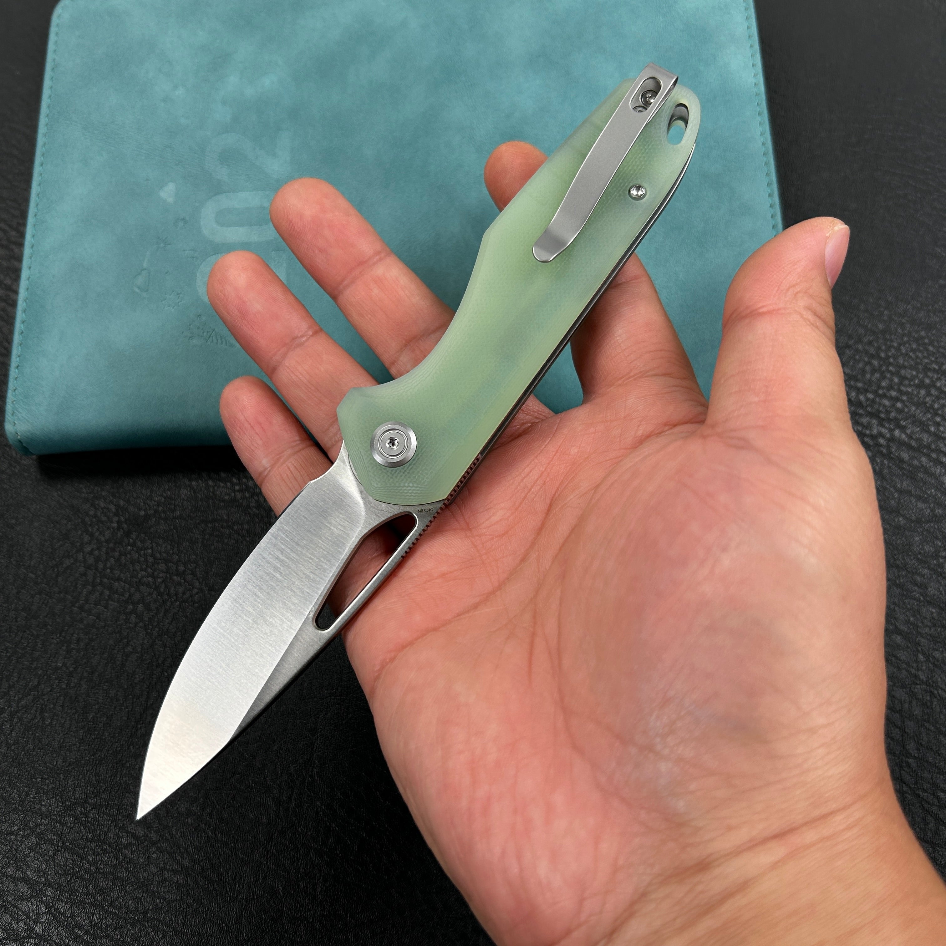 KUBEY KU324F Doris Liner Lock Front Flipper Folding Knife Jade G10 Handle 3.27" Satin Finish 14C28N