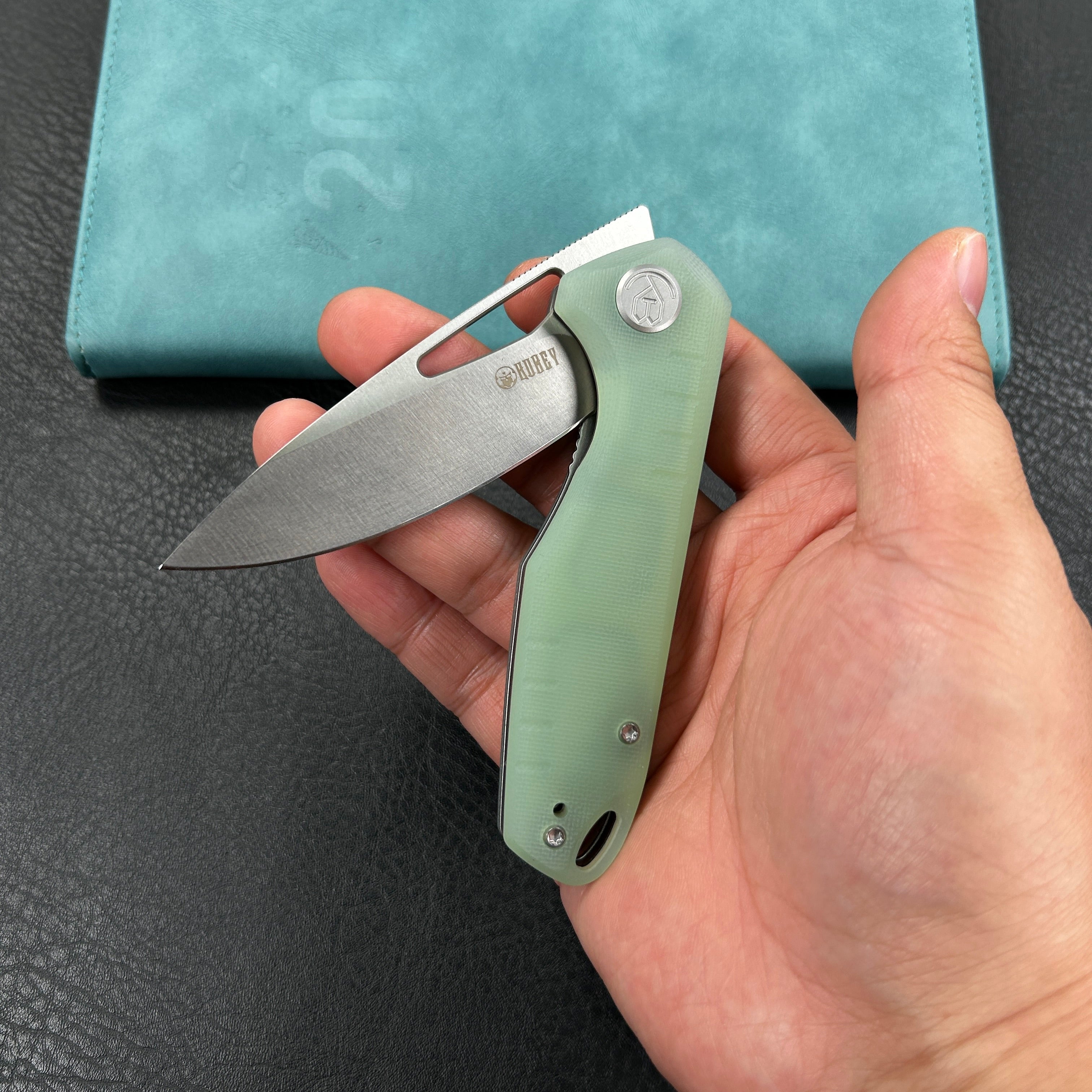 KUBEY KU324F Doris Liner Lock Front Flipper Folding Knife Jade G10 Handle 3.27" Satin Finish 14C28N