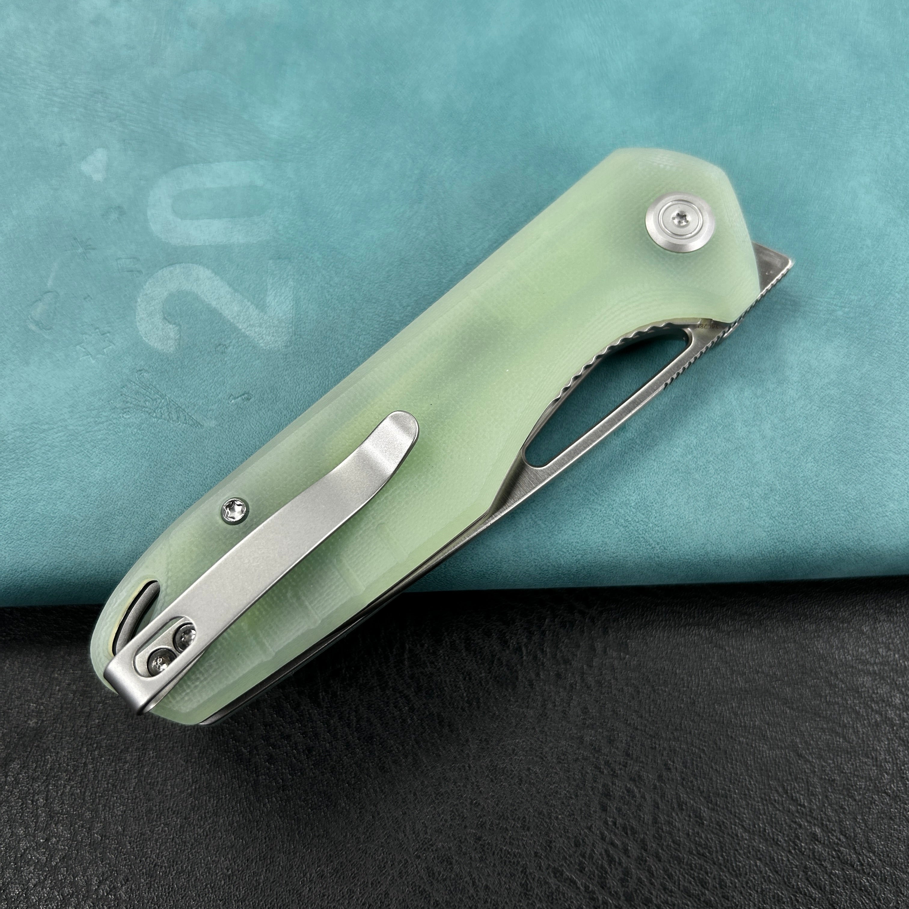 KUBEY KU324F Doris Liner Lock Front Flipper Folding Knife Jade G10 Handle 3.27" Satin Finish 14C28N