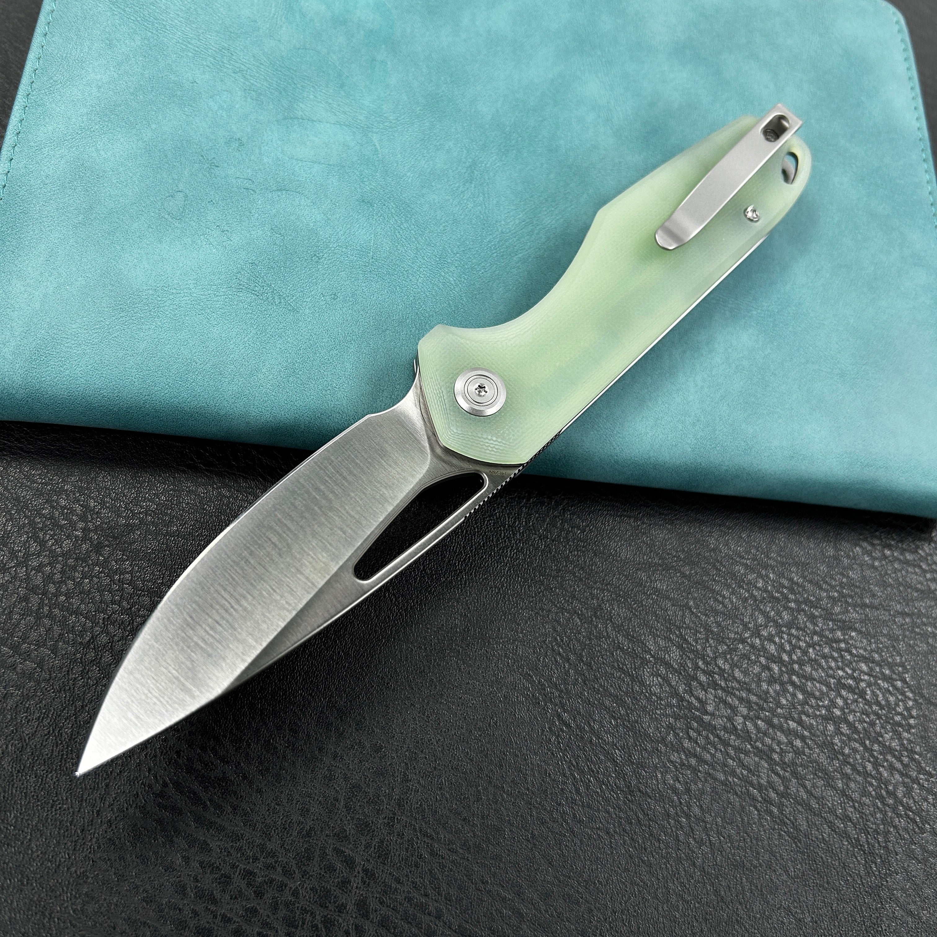 KUBEY KU324F Doris Liner Lock Front Flipper Folding Knife Jade G10 Handle 3.27" Satin Finish 14C28N