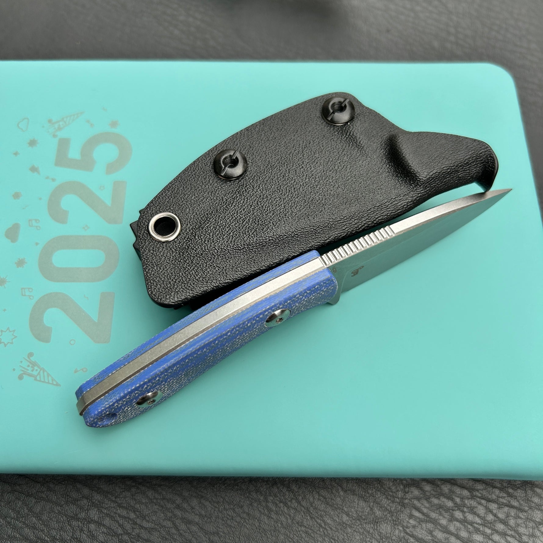 KUBEY knife KU411B Bloom Fixed Blade Knife Blue Micarta Handle 2.60" Beadblast 14C28N Blade