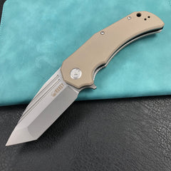 KUBEY KU318C Mikkel Willumsen Design Bravo one Tanto Outdoor Folding Camping Knife Tan G10 Handle 3.39" Bead Blasted AUS-10