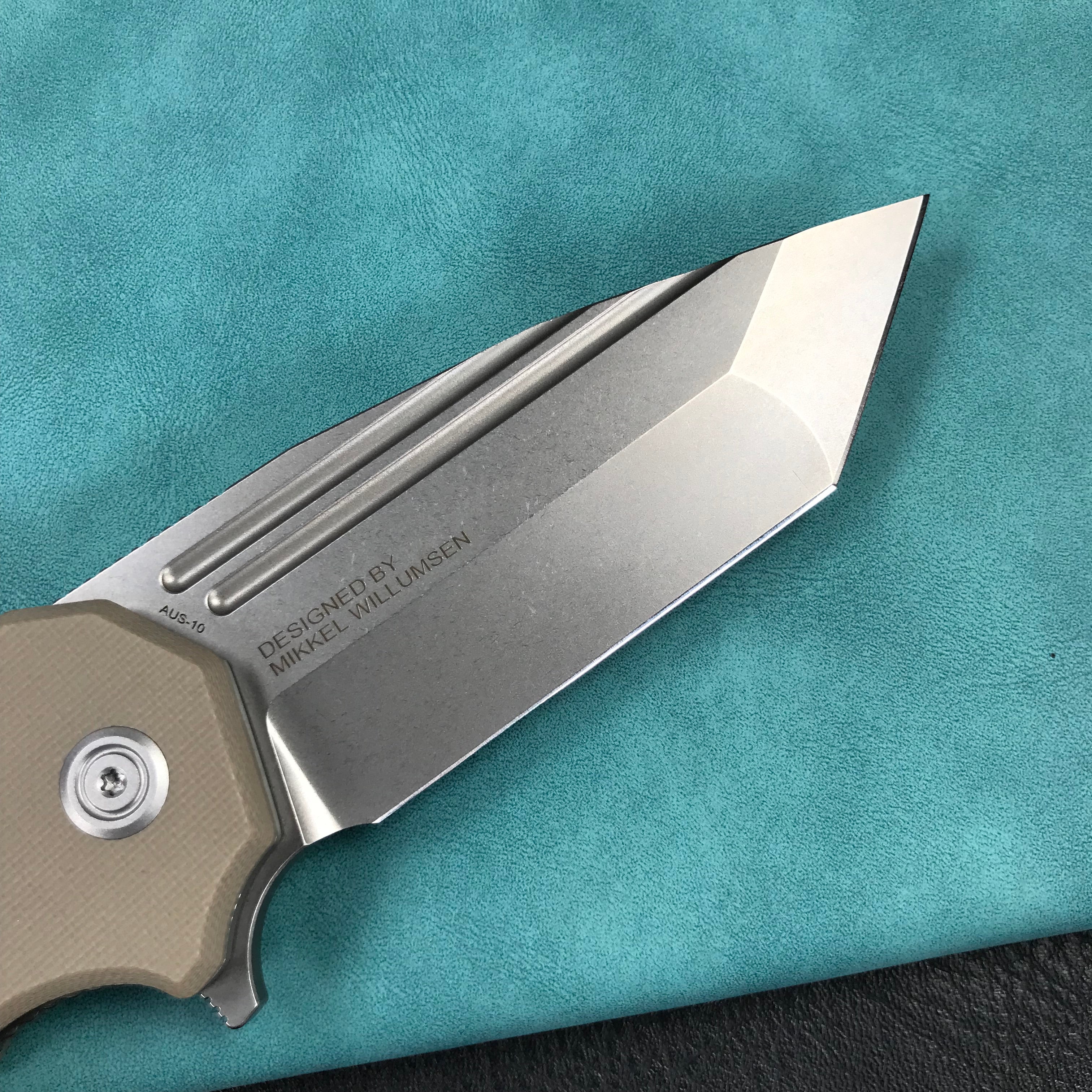 KUBEY KU318C Mikkel Willumsen Design Bravo one Tanto Outdoor Folding Camping Knife Tan G10 Handle 3.39" Bead Blasted AUS-10