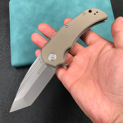 KUBEY KU318C Mikkel Willumsen Design Bravo one Tanto Outdoor Folding Camping Knife Tan G10 Handle 3.39" Bead Blasted AUS-10