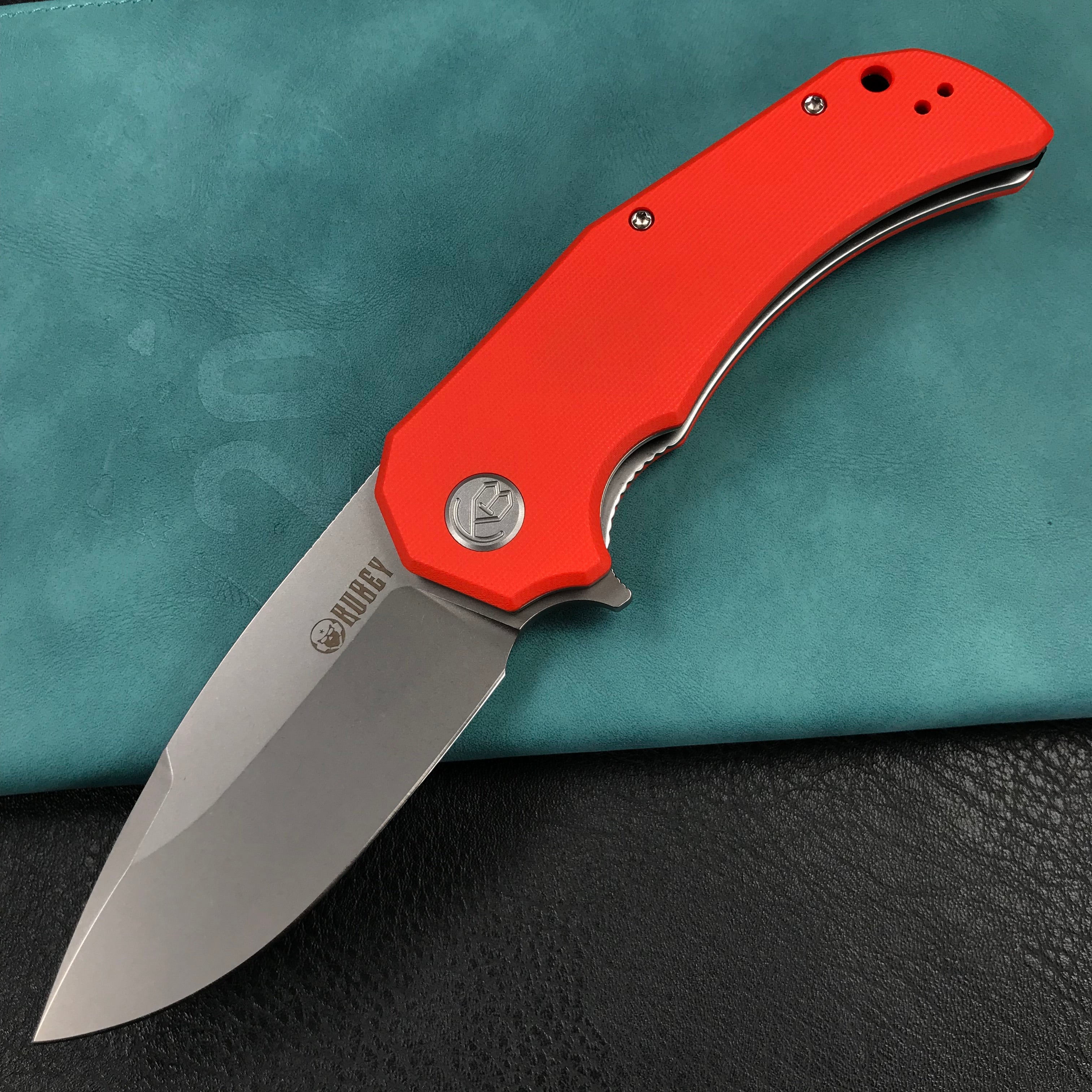 KUBEY KU319B Mikkel Willumsen Design Bravo one Drop Point Outdoor Folding Camping Knife Orange G10 Handle 3.39" Bead Blasted  AUS-10