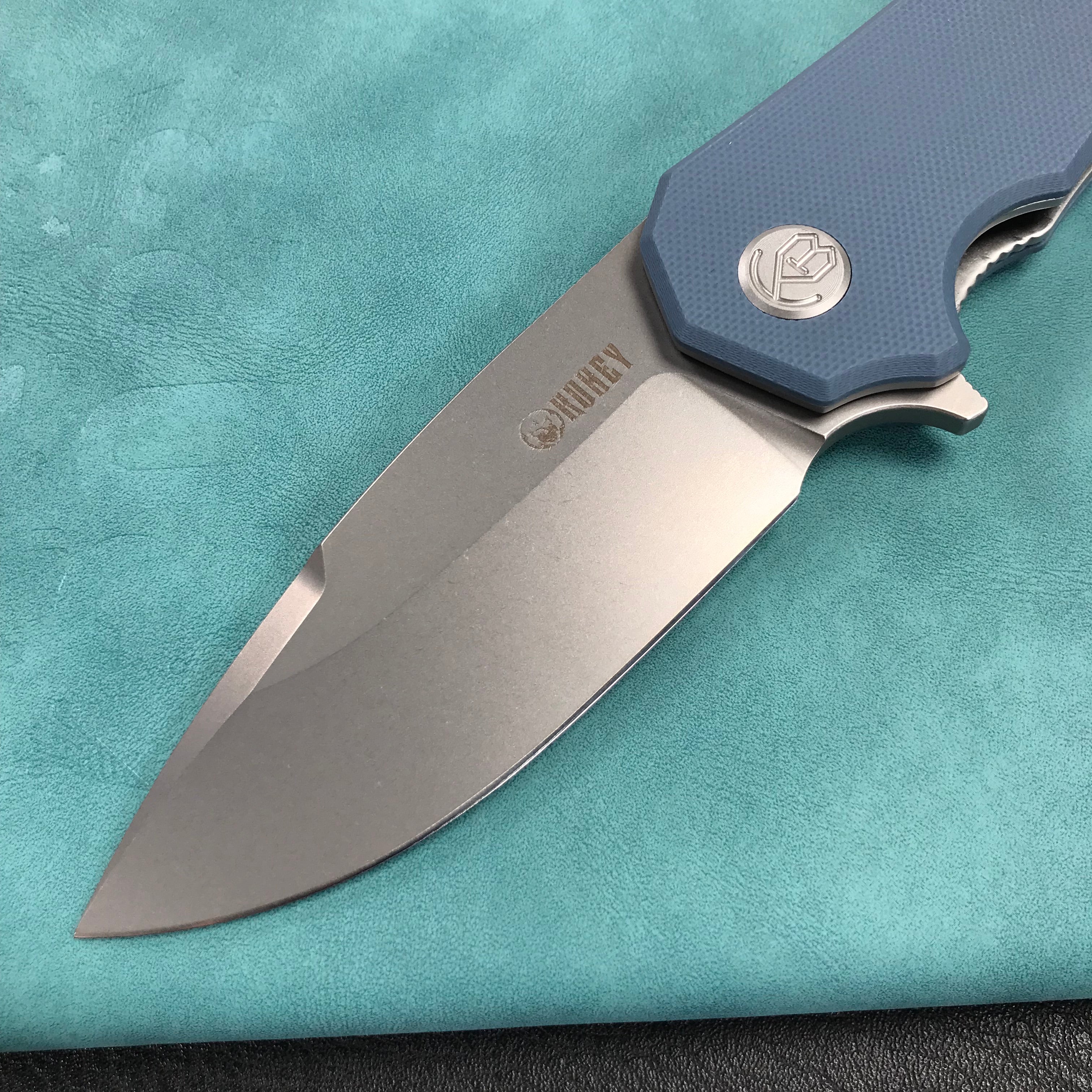 KUBEY KU319A Mikkel Willumsen Design Bravo one Drop Point Outdoor Folding Camping Knife Blue G10 Handle 3.39" Bead Blasted AUS-10