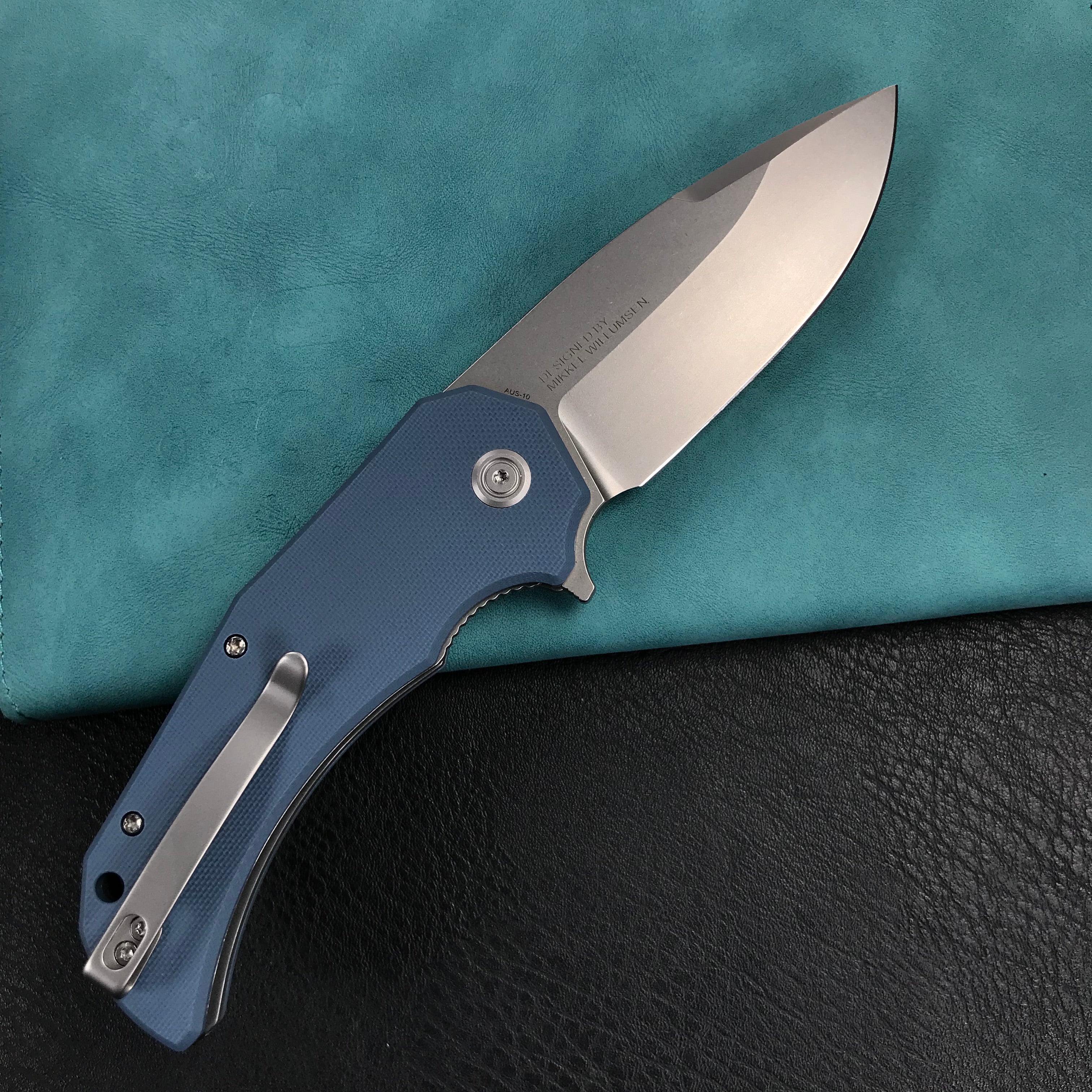 KUBEY KU319A Mikkel Willumsen Design Bravo one Drop Point Outdoor Folding Camping Knife Blue G10 Handle 3.39" Bead Blasted AUS-10