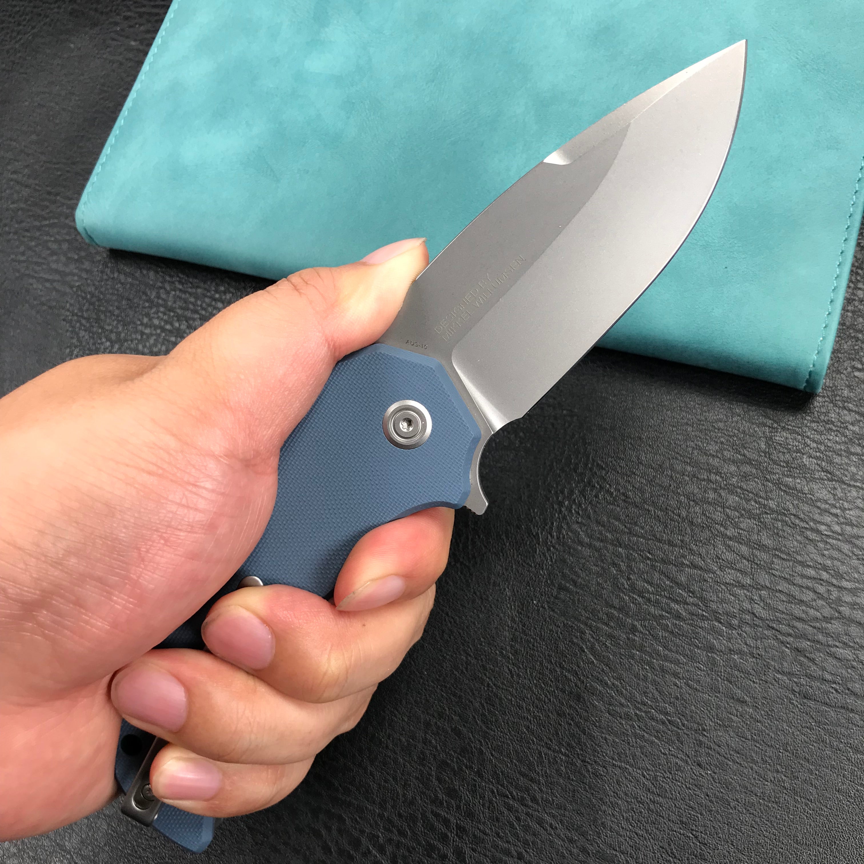 KUBEY KU319A Mikkel Willumsen Design Bravo one Drop Point Outdoor Folding Camping Knife Blue G10 Handle 3.39" Bead Blasted AUS-10