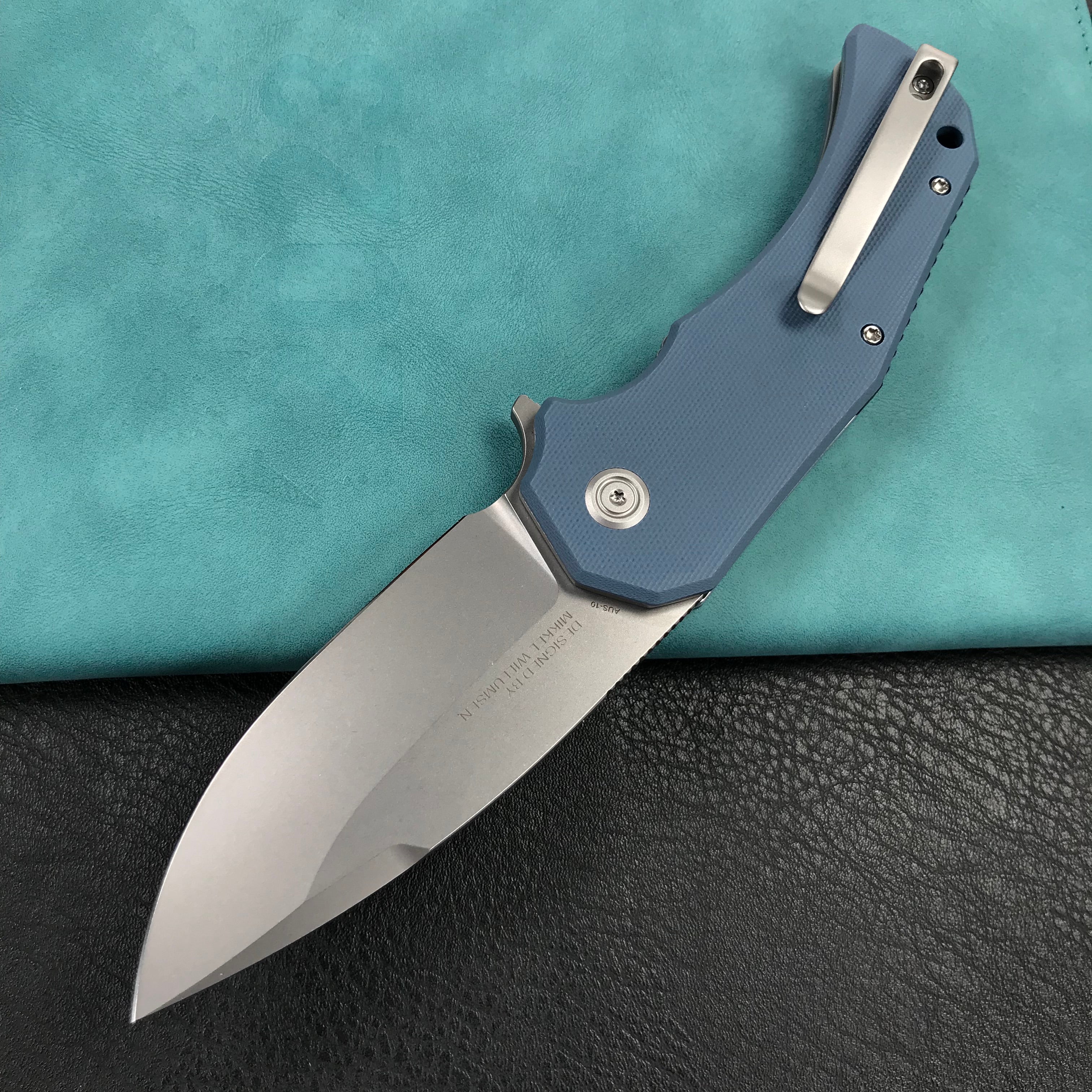 KUBEY KU319A Mikkel Willumsen Design Bravo one Drop Point Outdoor Folding Camping Knife Blue G10 Handle 3.39" Bead Blasted AUS-10