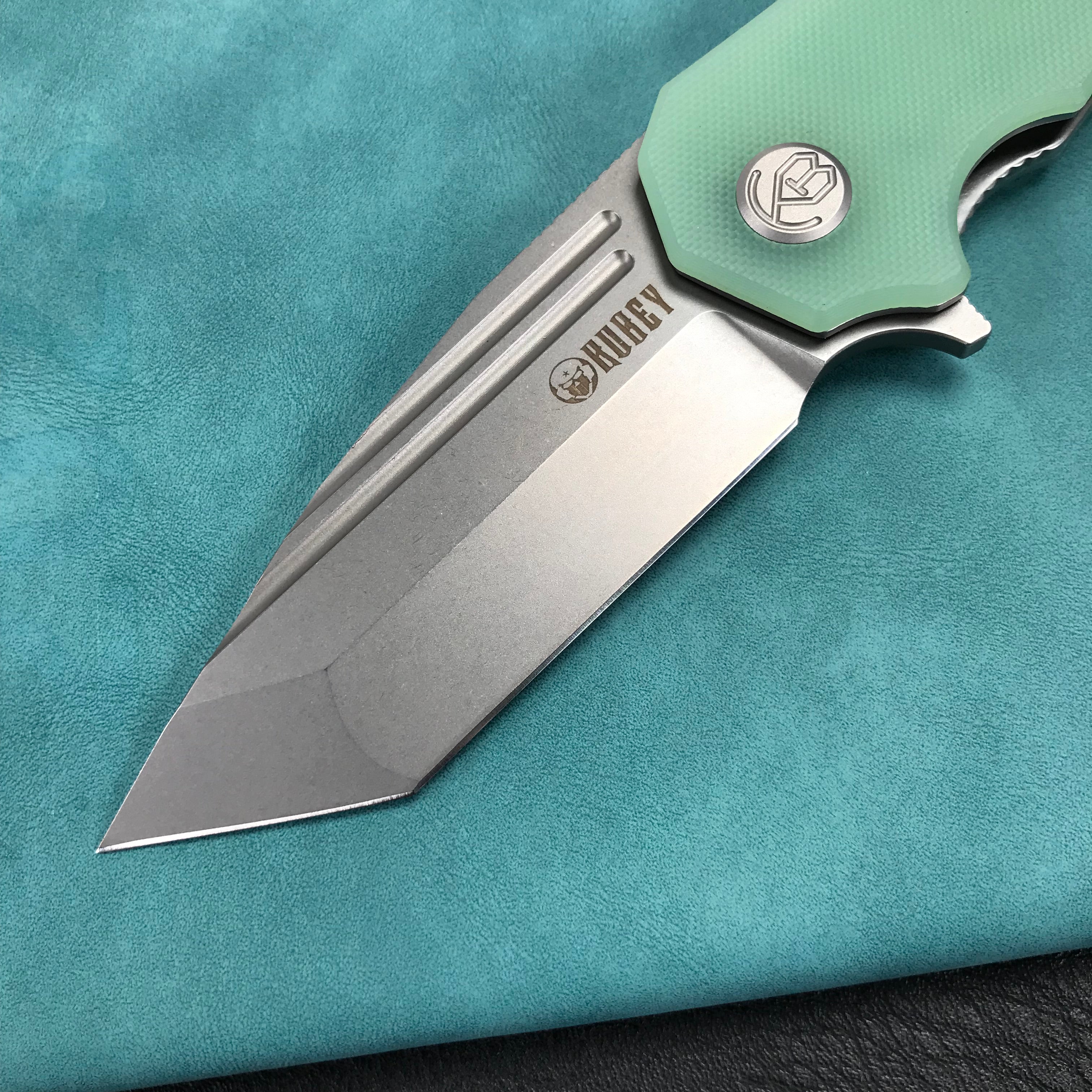 KUBEY KU318D Mikkel Willumsen Design Bravo one Tanto Outdoor Folding Camping Knife Jade G10 Handle 3.39" Bead Blasted AUS-10