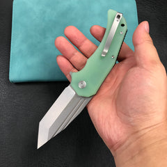 KUBEY KU318D Mikkel Willumsen Design Bravo one Tanto Outdoor Folding Camping Knife Jade G10 Handle 3.39" Bead Blasted AUS-10