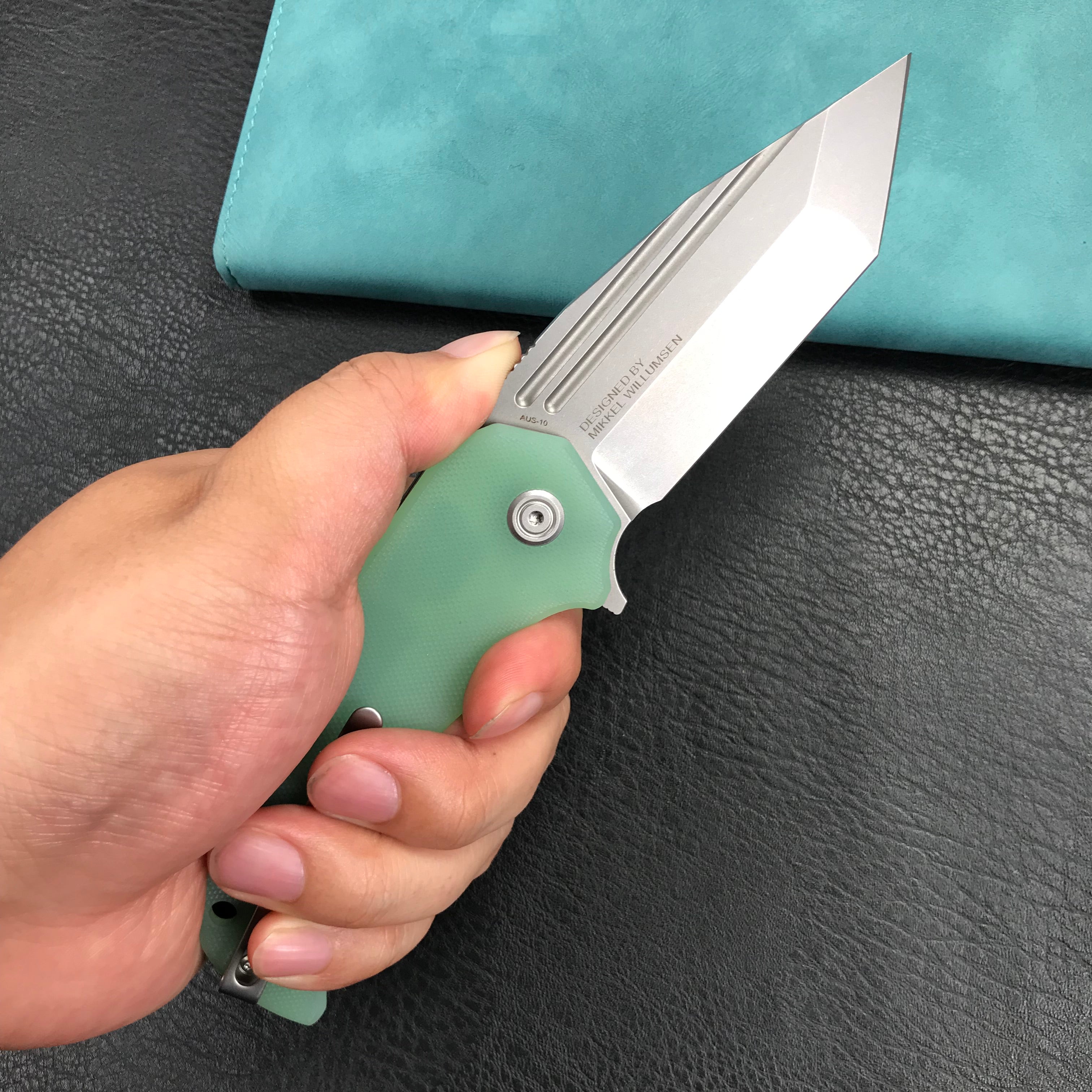 KUBEY KU318D Mikkel Willumsen Design Bravo one Tanto Outdoor Folding Camping Knife Jade G10 Handle 3.39" Bead Blasted AUS-10